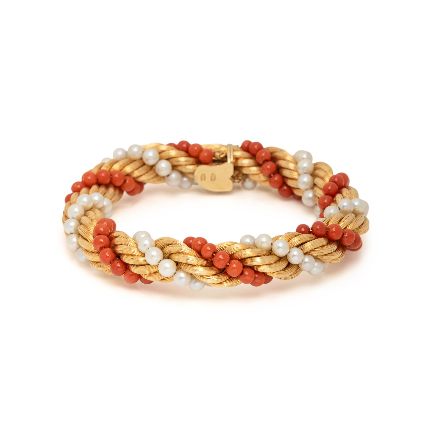 YELLOW GOLD, CORAL, AND CULTURED PEARL NECKLACE AND BRACELET