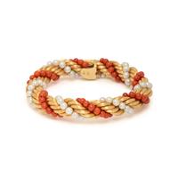YELLOW GOLD, CORAL, AND CULTURED PEARL NECKLACE AND BRACELET