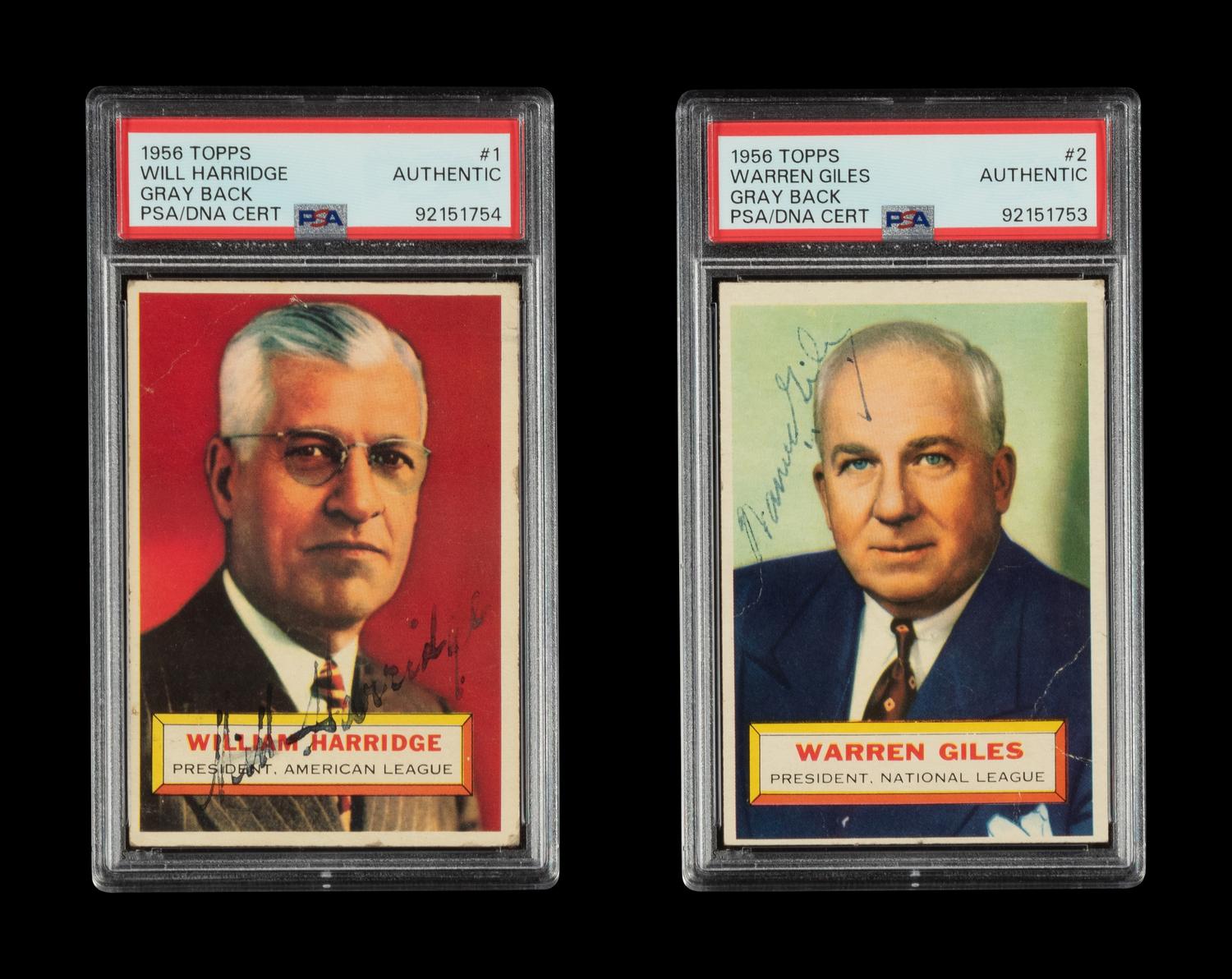 A Group of 1956 Topps Warren Giles and William Harridge Signed Autograph Baseball Cards (PSA Authentic)