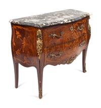 A Louis XV Style Gilt Bronze Mounted Marquetry Bombe Commode with Marble Top — EARLY 20TH CENTURY