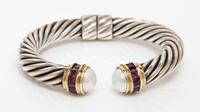 A Sterling Silver, 14 Karat Yellow Gold, Mabe Pearl and Garnet "Renaissance" Bracelet, David Yurman, Circa 1996, 25.30 dwts.