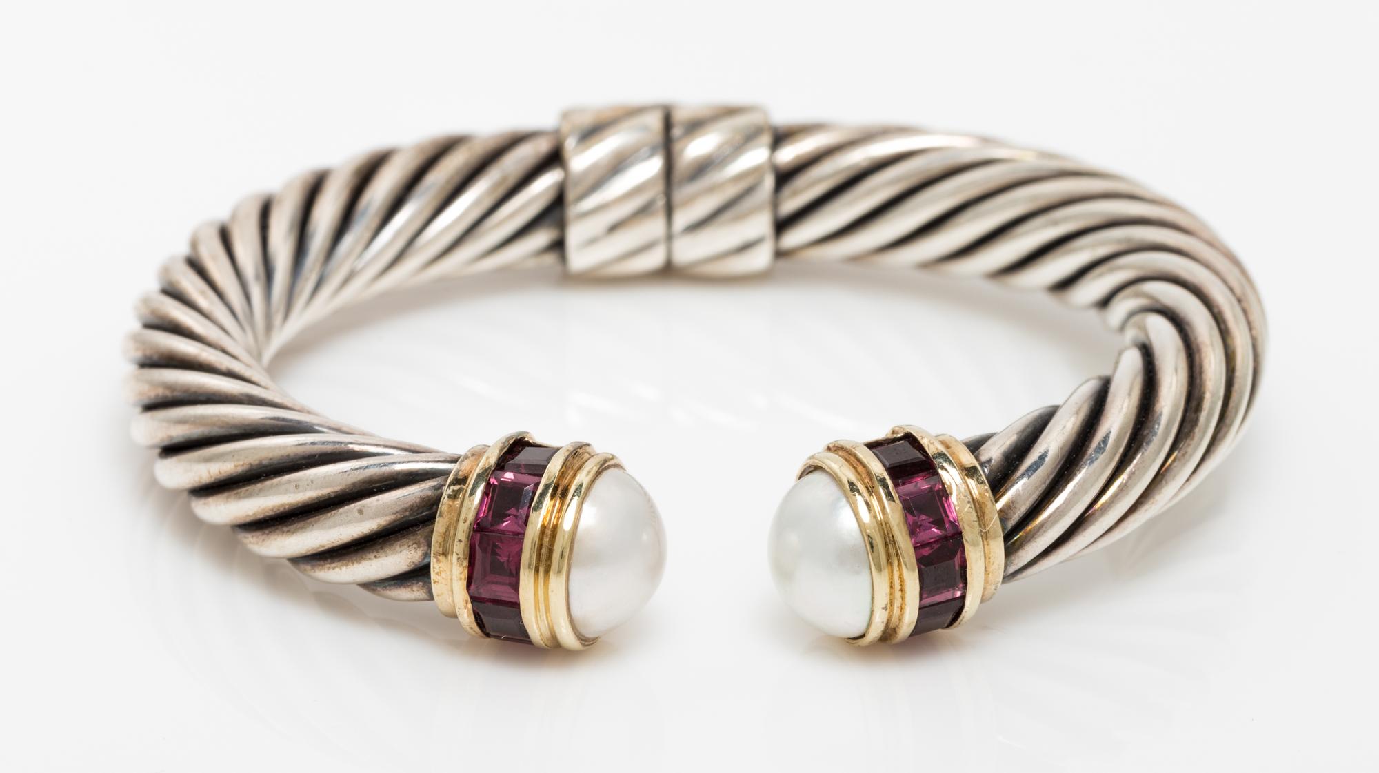 A Sterling Silver, 14 Karat Yellow Gold, Mabe Pearl and Garnet "Renaissance" Bracelet, David Yurman, Circa 1996, 25.30 dwts.