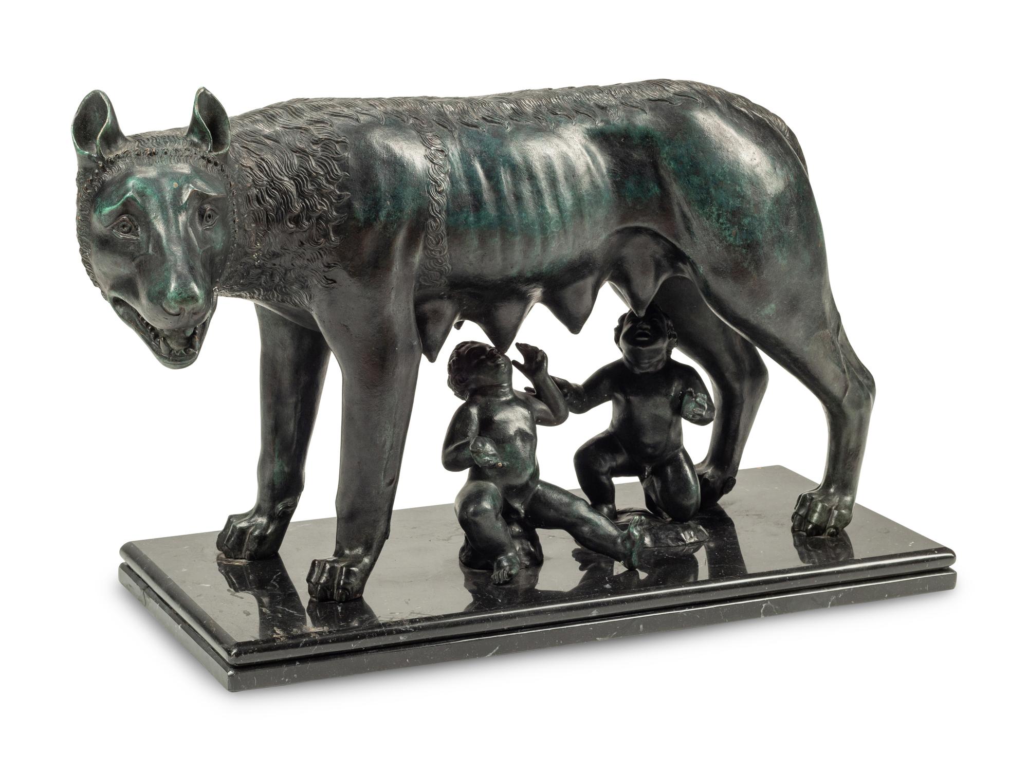 A Grand Tour Style Patinated Bronze Group of Lupa with Romulus and Remus