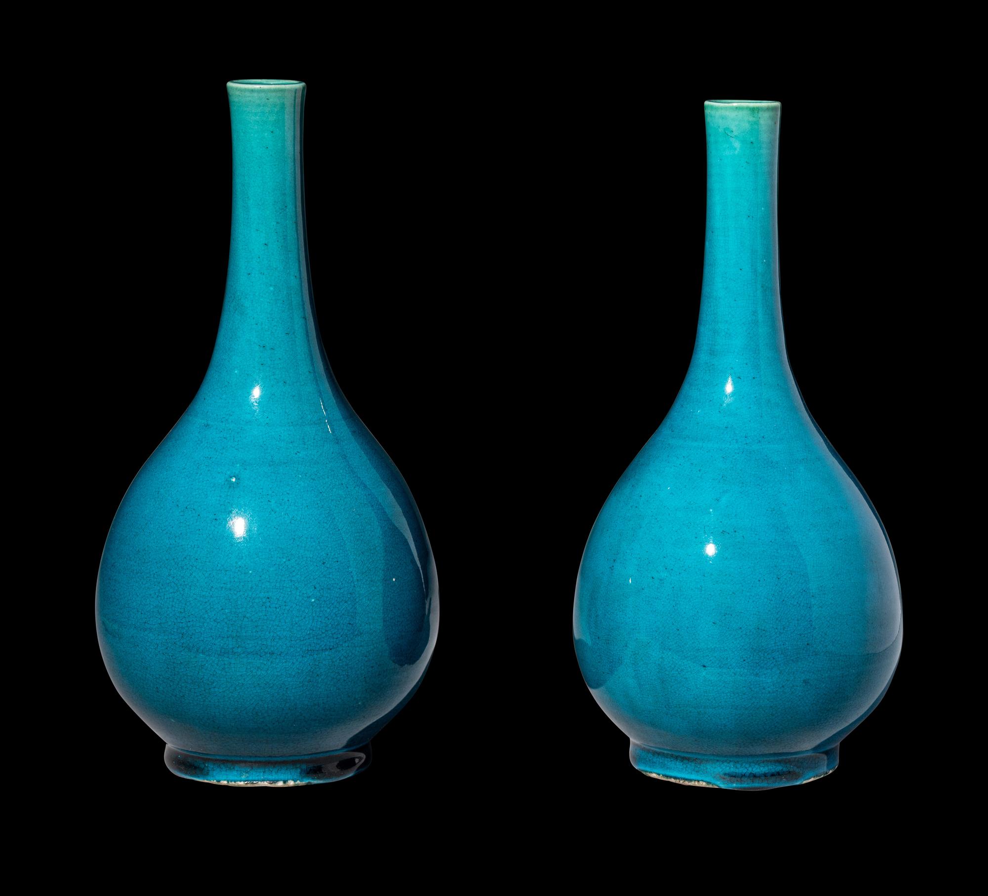 A Pair of Chinese Turquoise Glazed Porcelain Bottle Vases