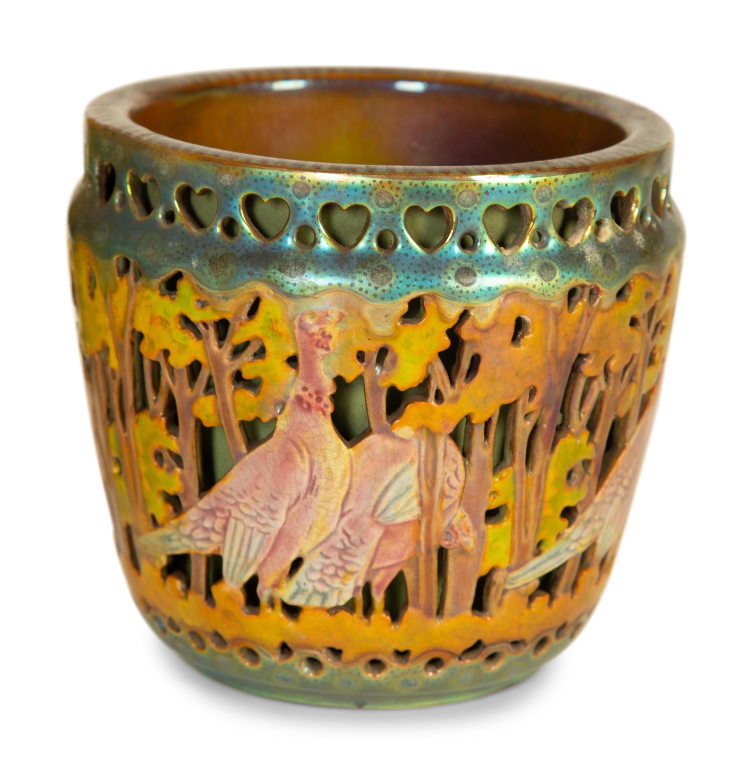 A Zsolnay Iridescent Art Pottery Cachepot and Two Majolica Table Articles — 19th/20th Century
