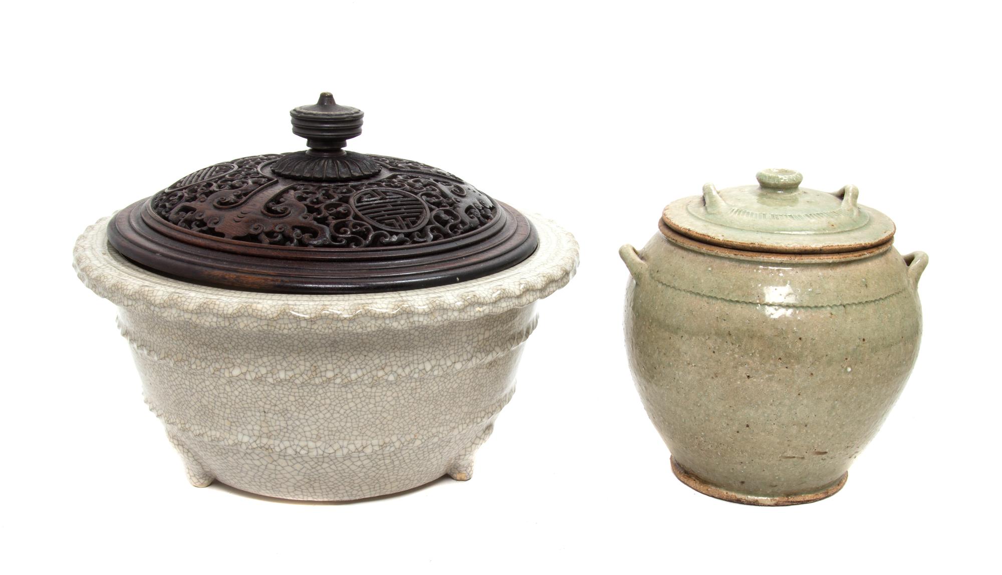 Two Chinese Pottery Vessels Diameter of jardiniere 14 inches.
