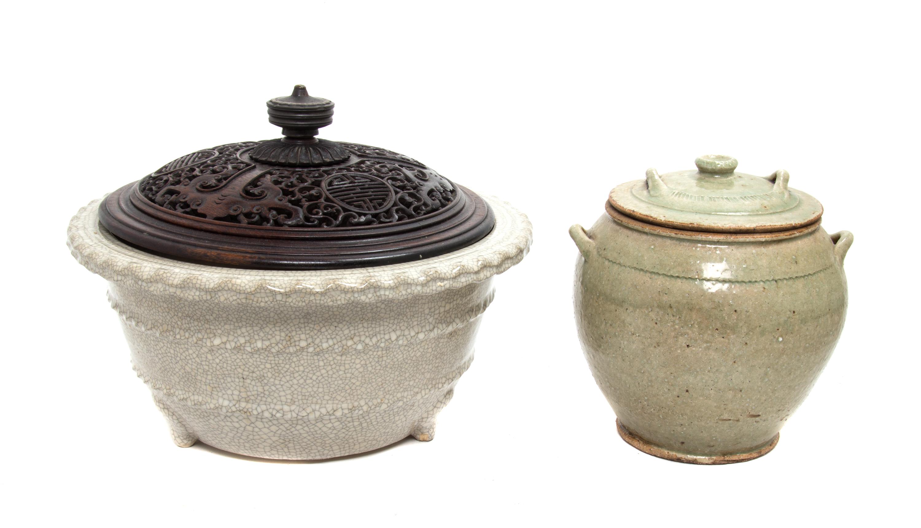 Two Chinese Pottery Vessels Diameter of jardiniere 14 inches.