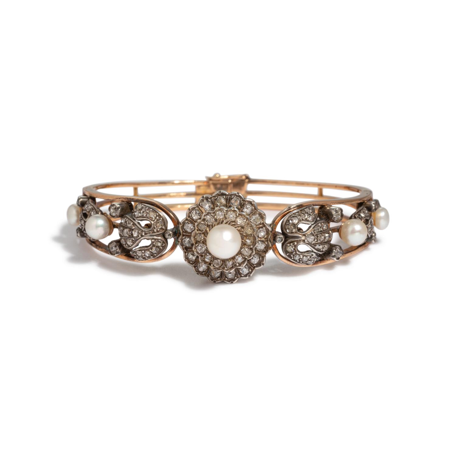 FRENCH, ANTIQUE, DIAMOND AND PEARL BANGLE BRACELET
