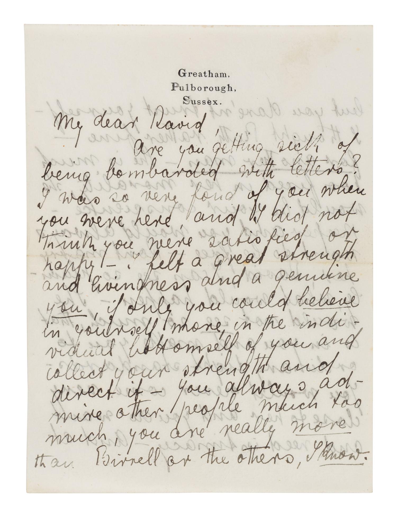 LAWRENCE, D. H. (1885-1930). Autograph letter signed ("D. H. Lawrence"), to David Garnett. Greatham, Pulborough, Sussex, [19 April 1915]. 5 pages, 8vo . [ With :] LAWRENCE, Freida. Autograph letter signed ("Freida"), to David Garnett. [19 April 1915]. With postscript from D. H. Lawrence at end. 2 pages, 8vo, with original envelope marked "Absolutely Private ."