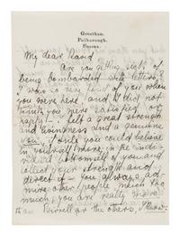LAWRENCE, D. H. (1885-1930). Autograph letter signed ("D. H. Lawrence"), to David Garnett. Greatham, Pulborough, Sussex, [19 April 1915]. 5 pages, 8vo . [ With :] LAWRENCE, Freida. Autograph letter signed ("Freida"), to David Garnett. [19 April 1915]. With postscript from D. H. Lawrence at end. 2 pages, 8vo, with original envelope marked "Absolutely Private ."