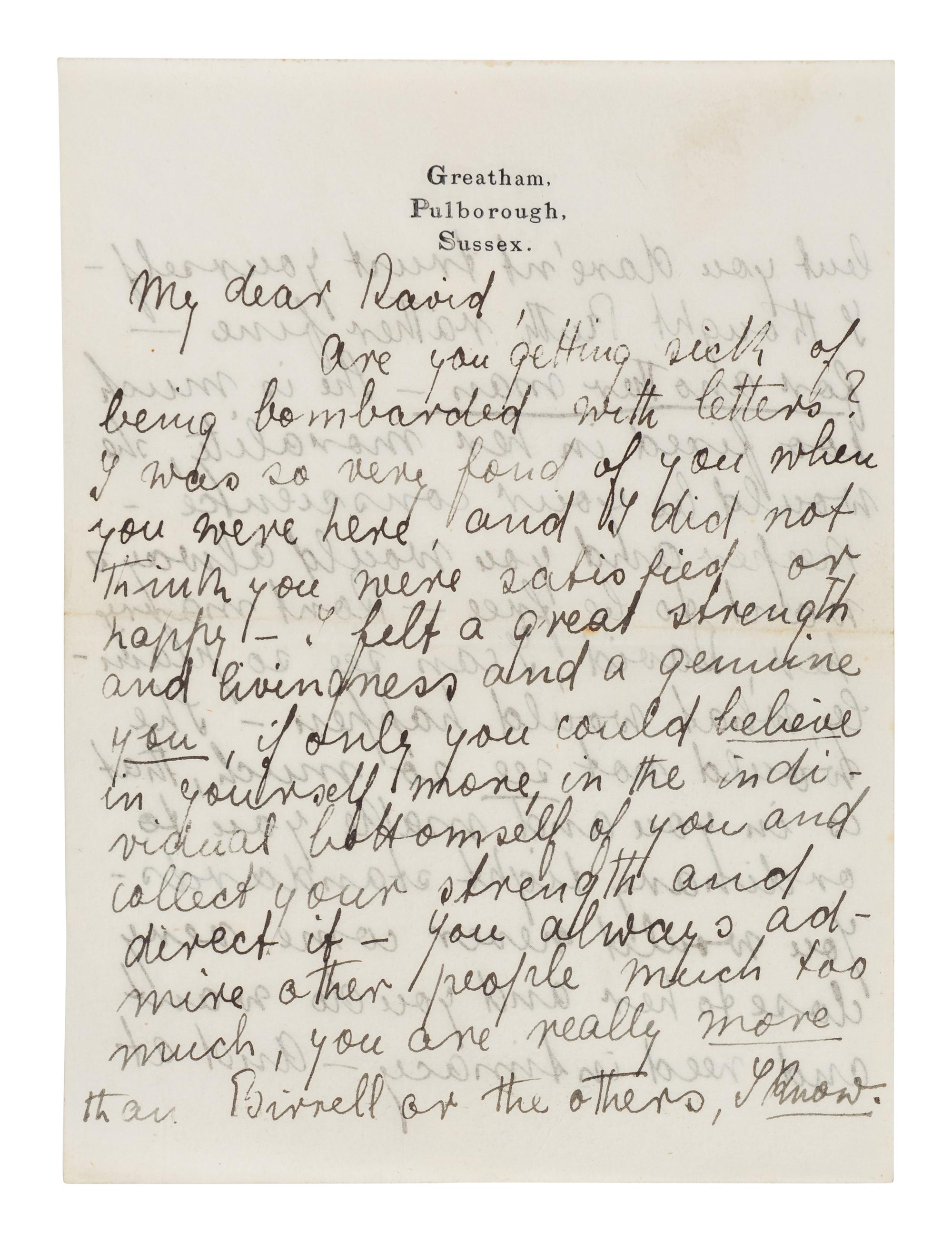 LAWRENCE, D. H. (1885-1930). Autograph letter signed ("D. H. Lawrence"), to David Garnett. Greatham, Pulborough, Sussex, [19 April 1915]. 5 pages, 8vo . [ With :] LAWRENCE, Freida. Autograph letter signed ("Freida"), to David Garnett. [19 April 1915]. With postscript from D. H. Lawrence at end. 2 pages, 8vo, with original envelope marked "Absolutely Private ."