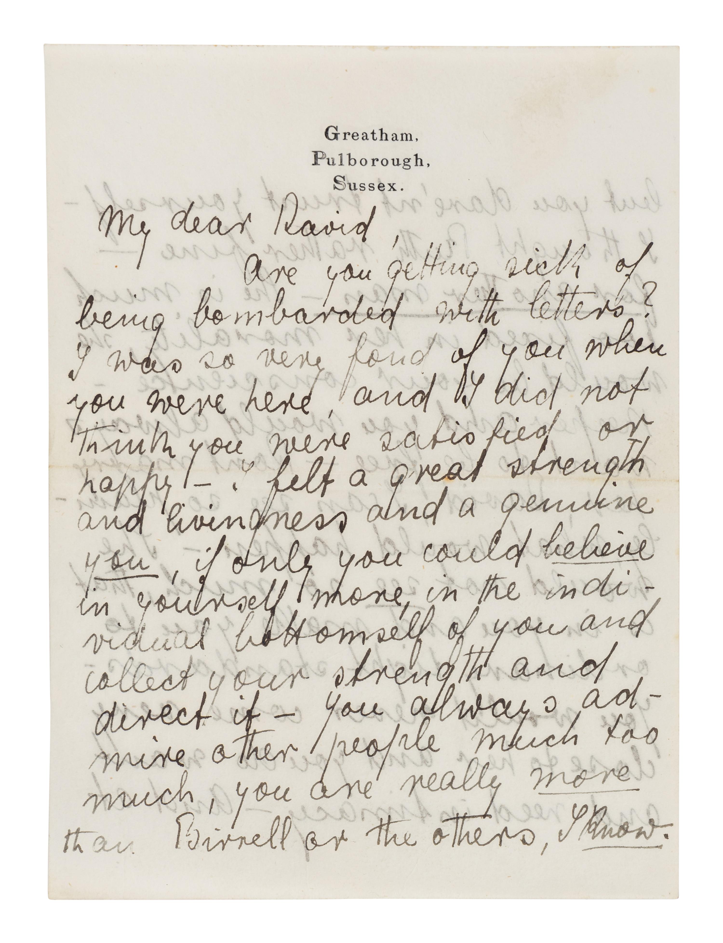 LAWRENCE, D. H. (1885-1930). Autograph letter signed ("D. H. Lawrence"), to David Garnett. Greatham, Pulborough, Sussex, [19 April 1915]. 5 pages, 8vo . [ With :] LAWRENCE, Freida. Autograph letter signed ("Freida"), to David Garnett. [19 April 1915]. With postscript from D. H. Lawrence at end. 2 pages, 8vo, with original envelope marked "Absolutely Private ."