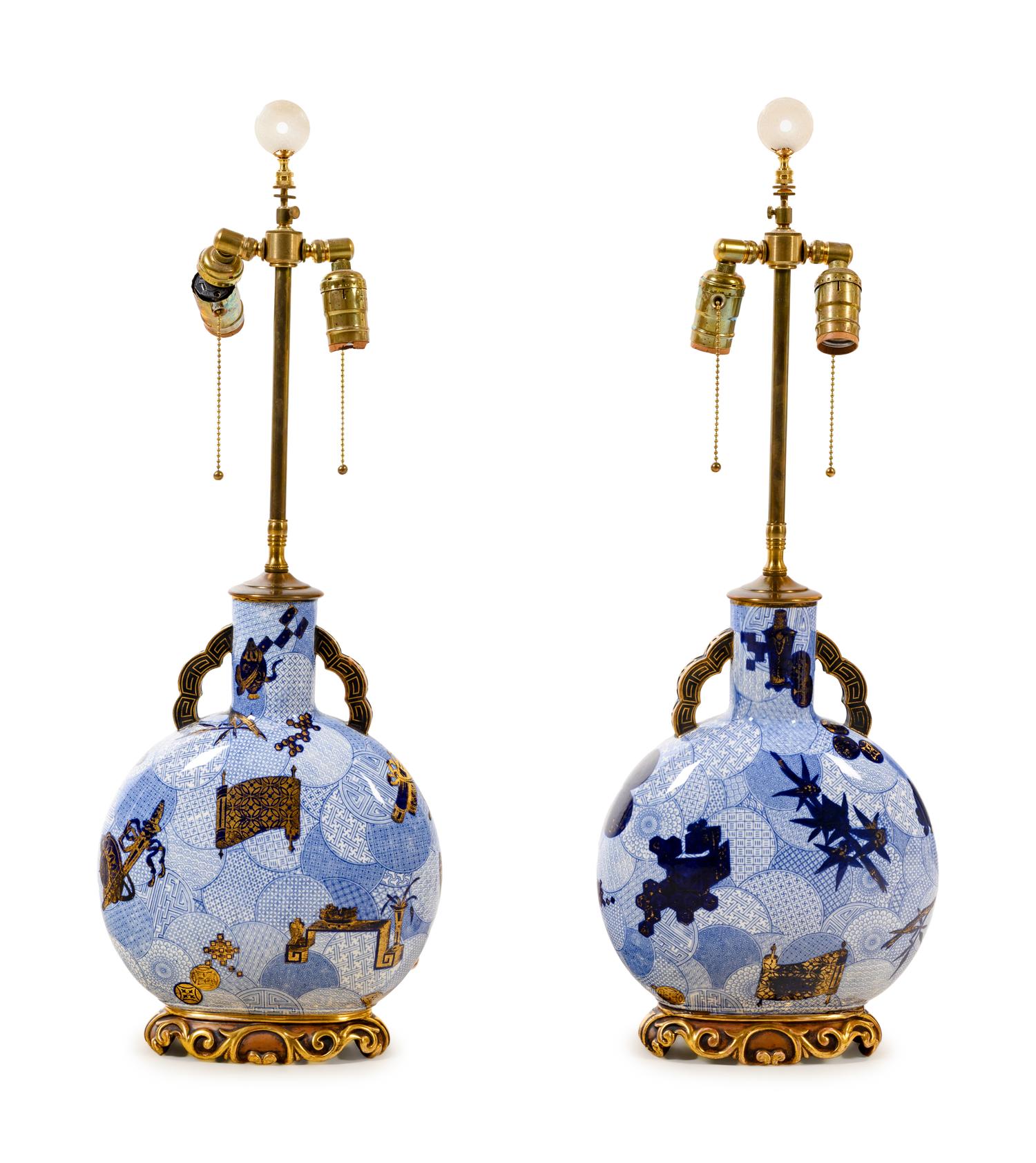 A Pair of Japanese Gilt Metal Mounted Porcelain Vases Mounted as Lamps