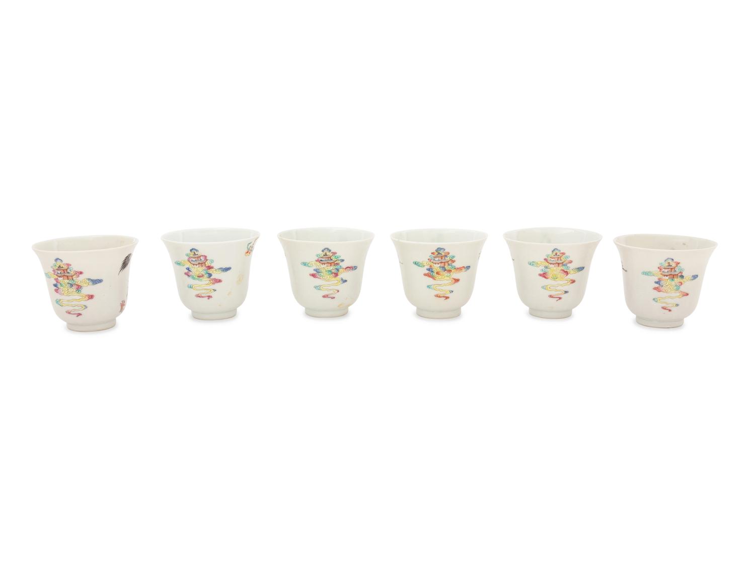 Six White Sgraffito Ground Famille Rose Porcelain "Eight Immortal' Bell-Shaped Wine Cups