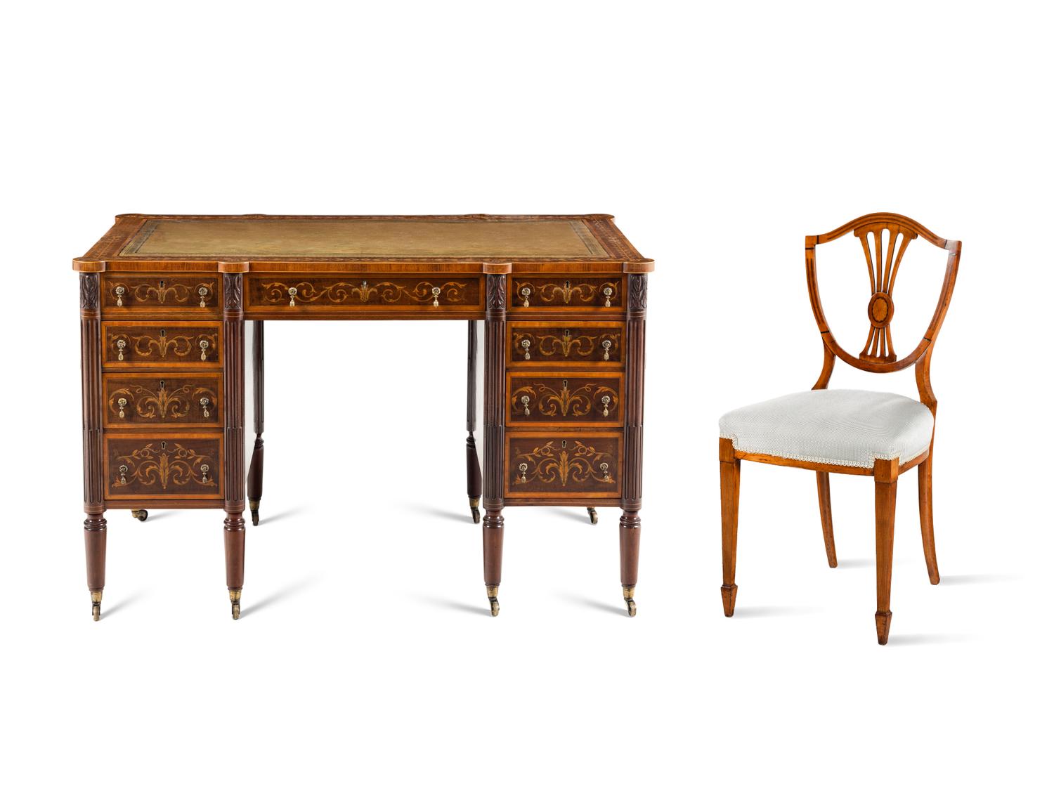 An Edwardian Marquetry Desk and Associated Side Chair