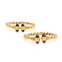 Pair of Yellow Gold, Garnet, and Green Tourmaline Cuff Bracelets