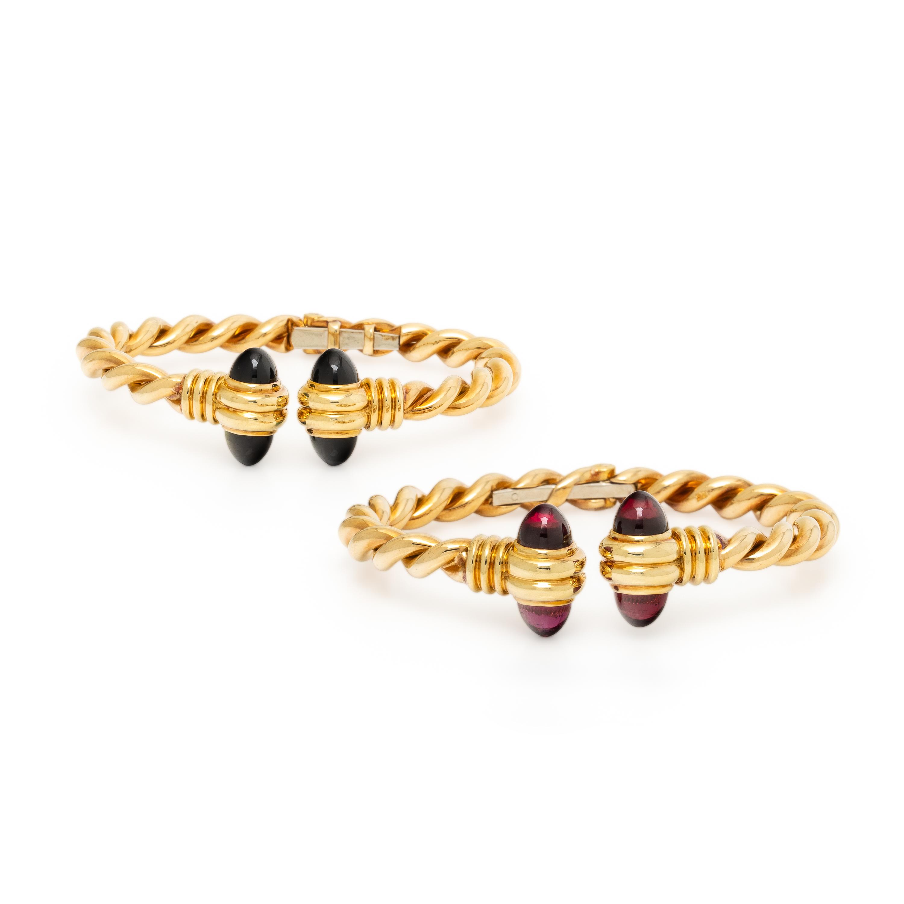 Pair of Yellow Gold, Garnet, and Green Tourmaline Cuff Bracelets