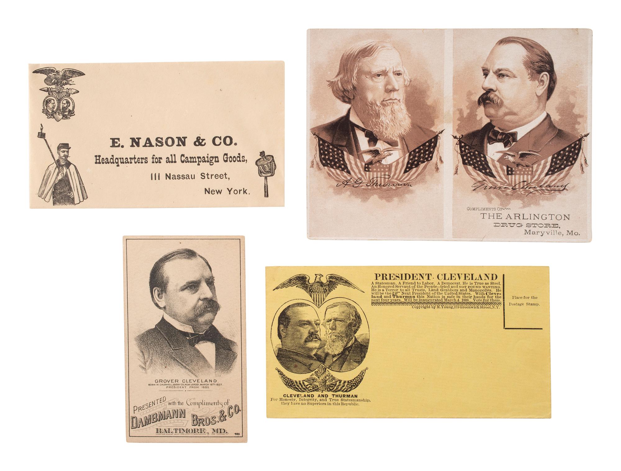 [1888 ELECTION]. Campaign bandanas, jugate fan, and other ephemera from the Grover Cleveland and Allen G. Thurman 1888 campaign, comprising: