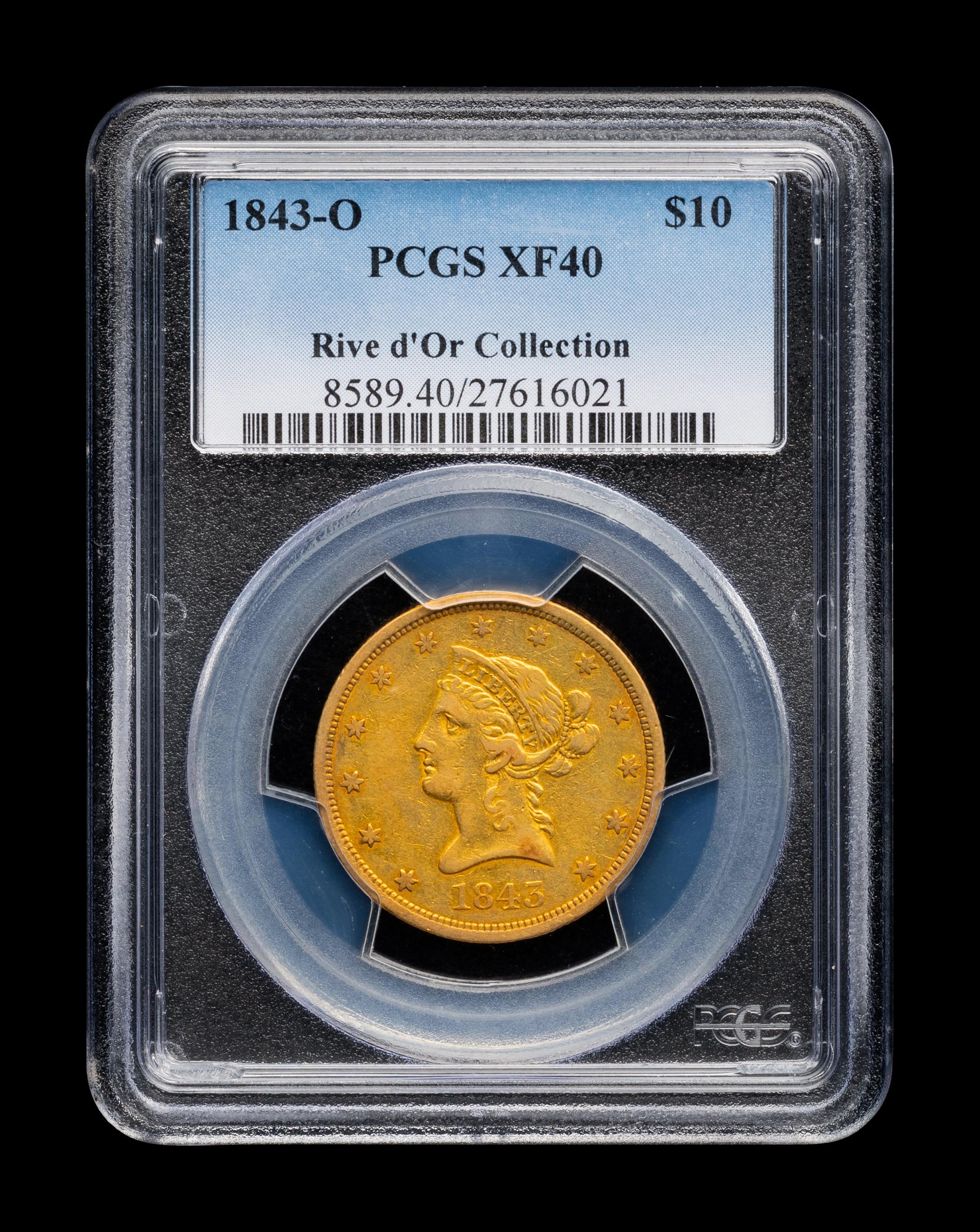 An 1843-O Liberty Head $10 Gold Coin (PCGS XF40)