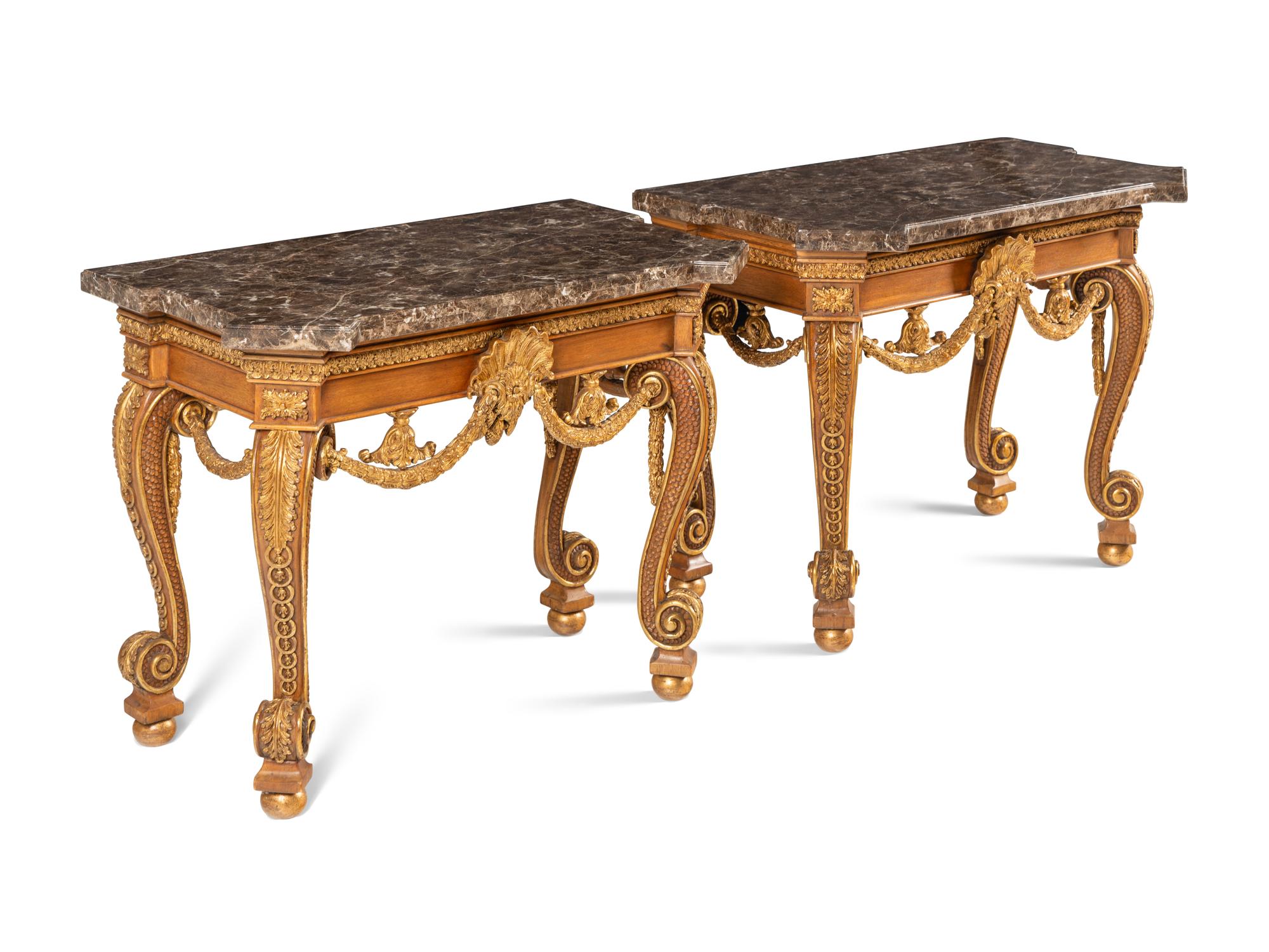 A Pair of George II Style Walnut and Parcel Gilt Marble-Top Pier Tables