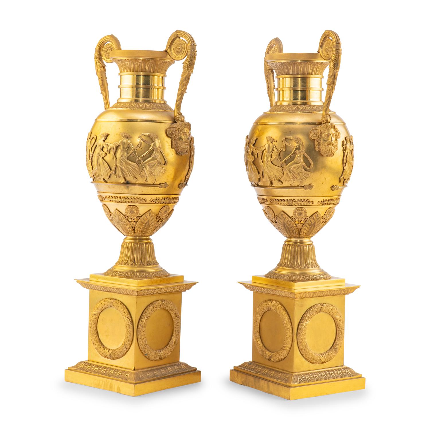 A Pair of French Gilt Bronze Urns