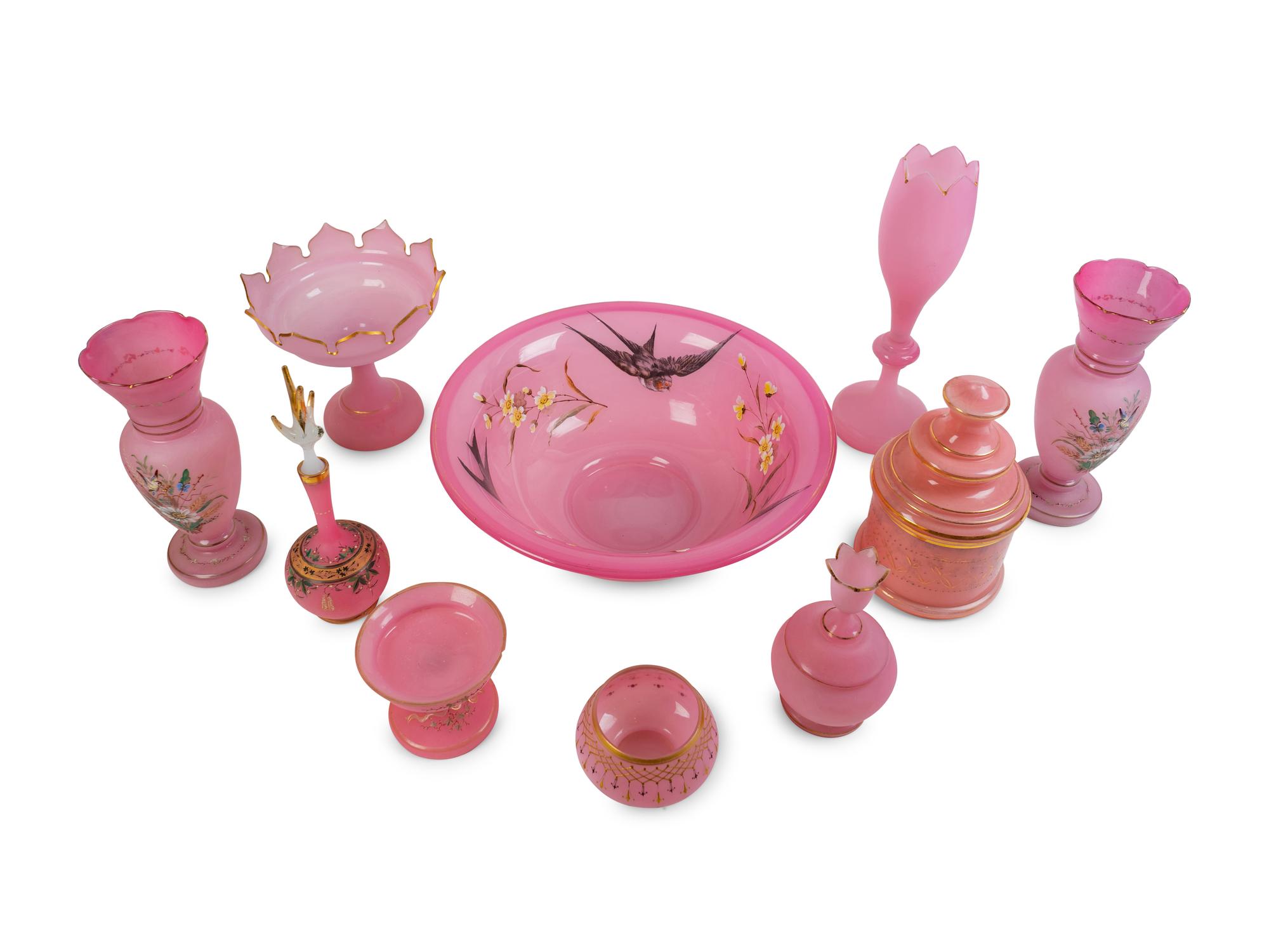 A Collection of Ten Pink Opaline Glass Items — 19TH CENTURY