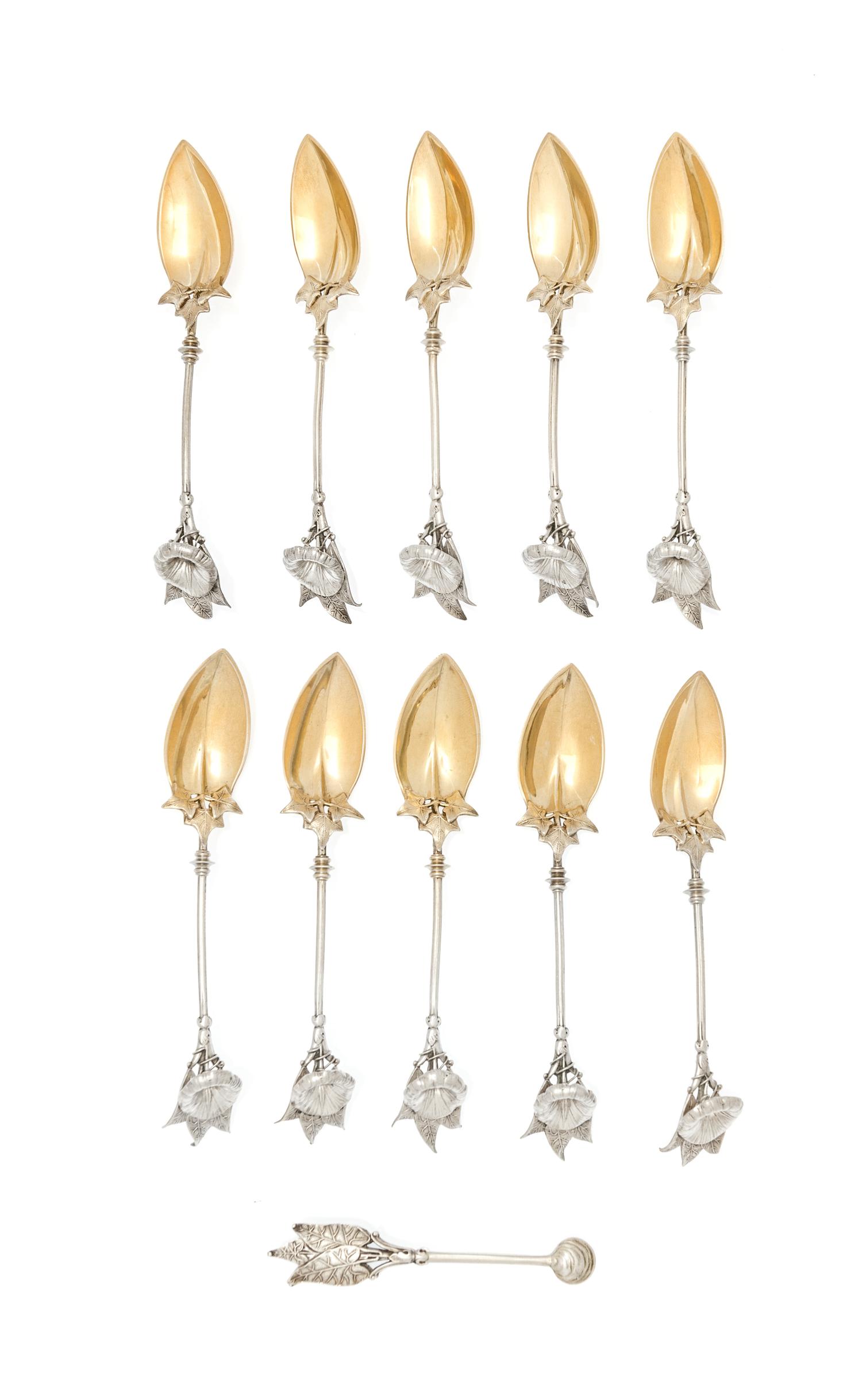 A Set of Ten American Silver Citrus Spoons, Gorham Mfg. Co., Providence, RI, Circa 1865, Morning Glory pattern, with gold-washed bowls,