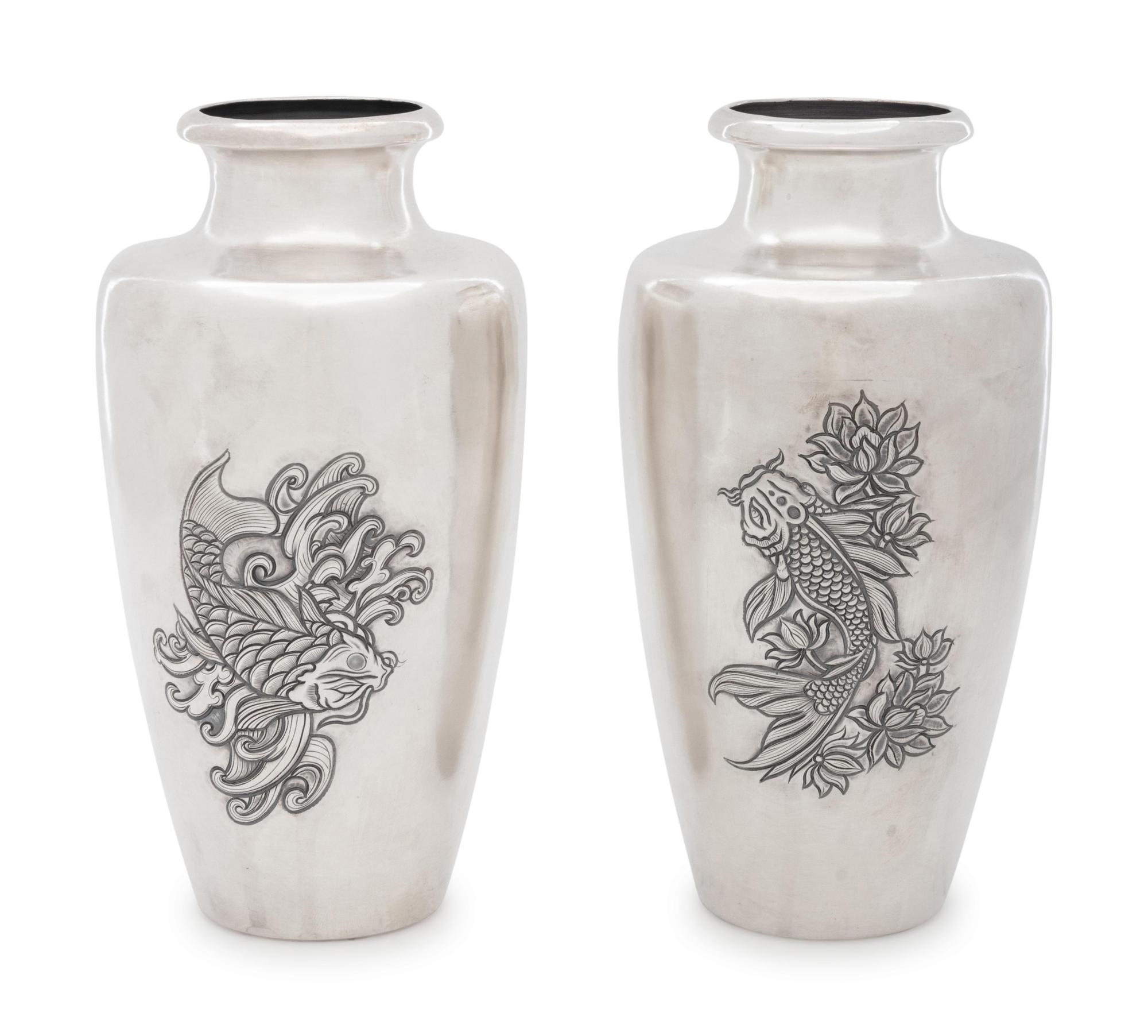 A Pair of Japanese Silver Vases