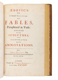 [OGILBY, John (1600-1676), translator]. AESOP (ca 620-560 B.C.). The Fables of Aesop Paraphras'd in Verse: Adorn'd with Sculpture, and Illustrated with Annotations . [ Bound with :] Aesopic’s: Or a Second Collection of Fables, Paraphras'd in Verse: Adorn'd with Sculpture, and Illustrated with Annotations . London: Printed by Thomas Roycroft for the Author, 1668.