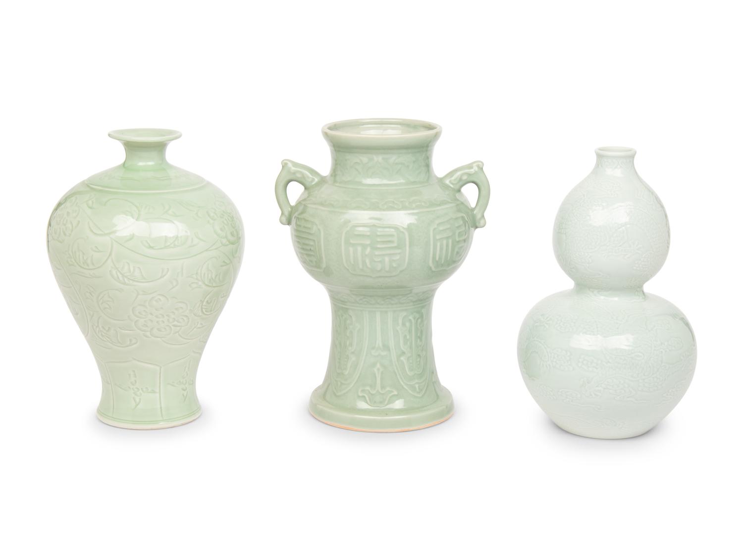 Three Celadon Glazed Porcelain Urns