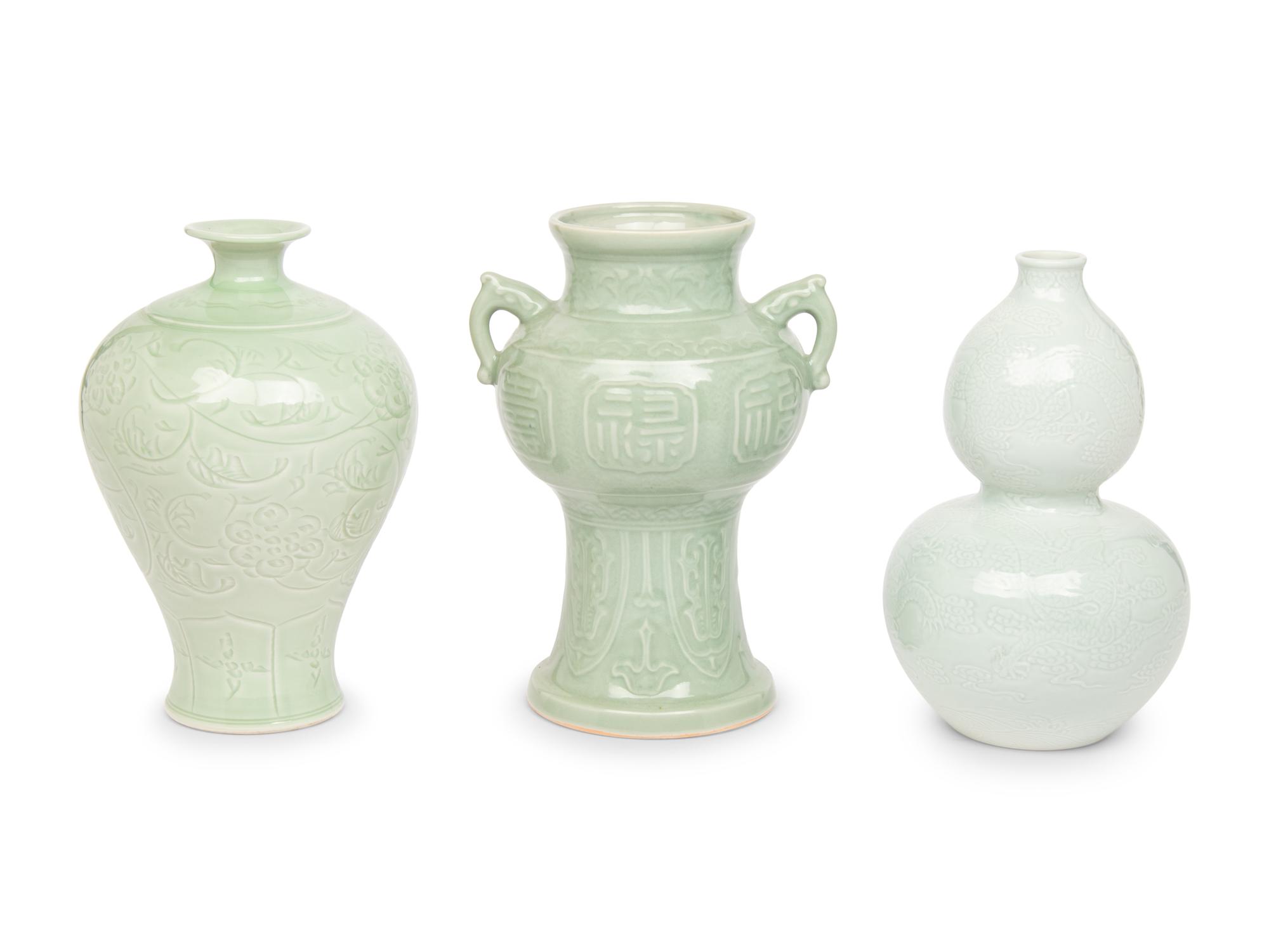 Three Celadon Glazed Porcelain Urns