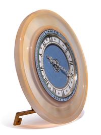A Cartier Belle Époque Yellow Gold, Diamond, Enamel and Agate Table Clock