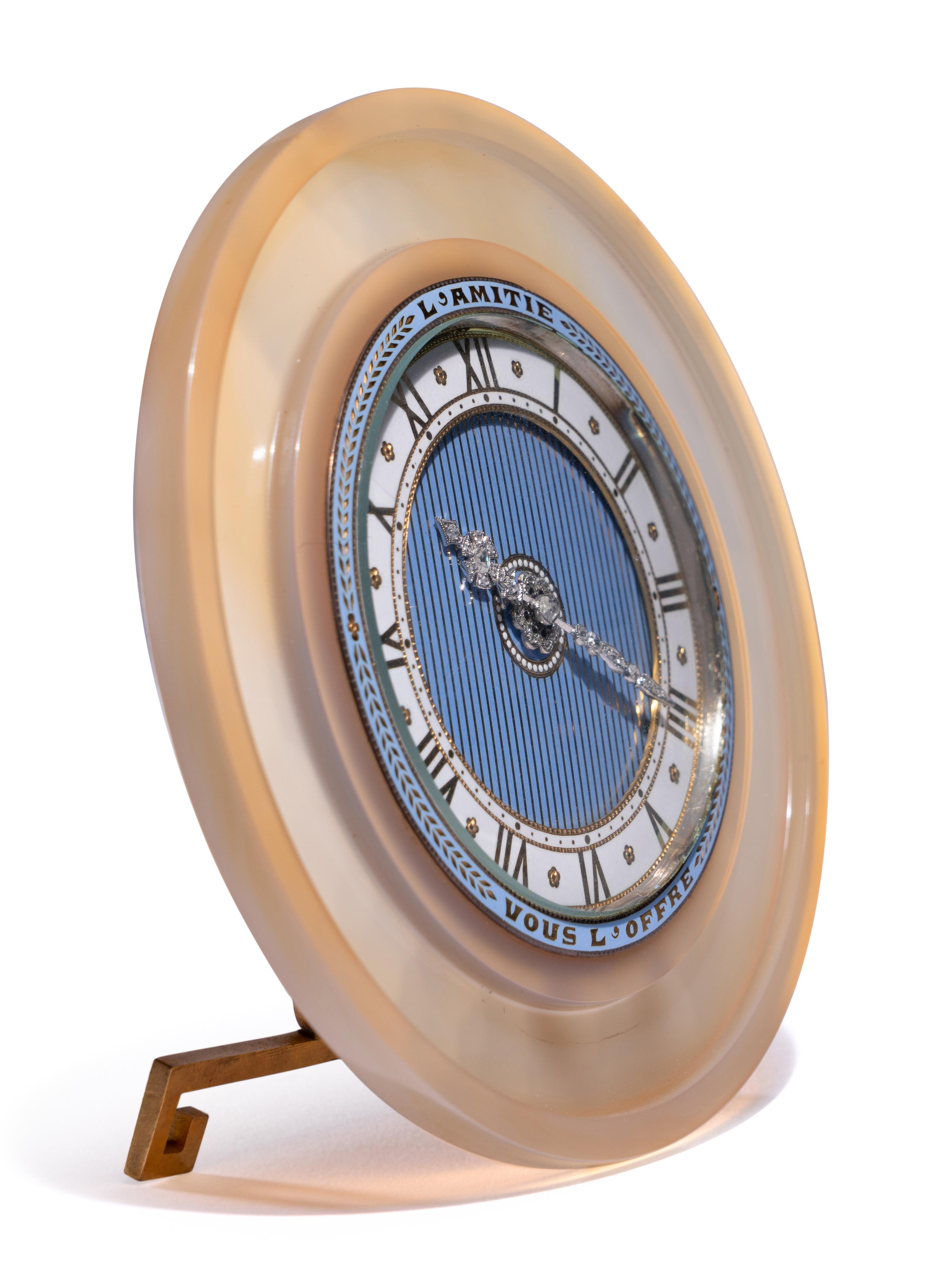 A Cartier Belle Époque Yellow Gold, Diamond, Enamel and Agate Table Clock