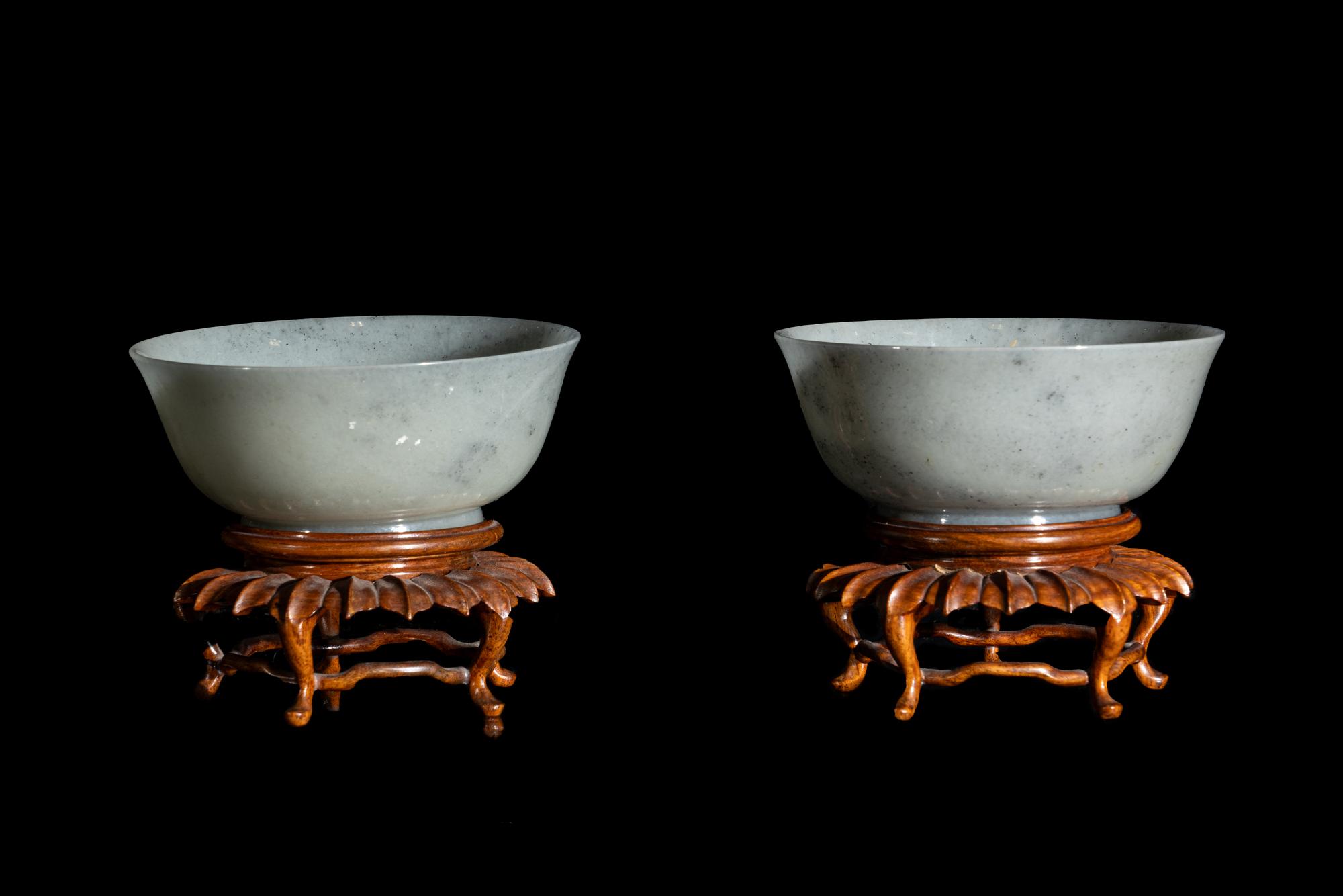 A Pair of Chinese Pale Greyish White Jade Bowls