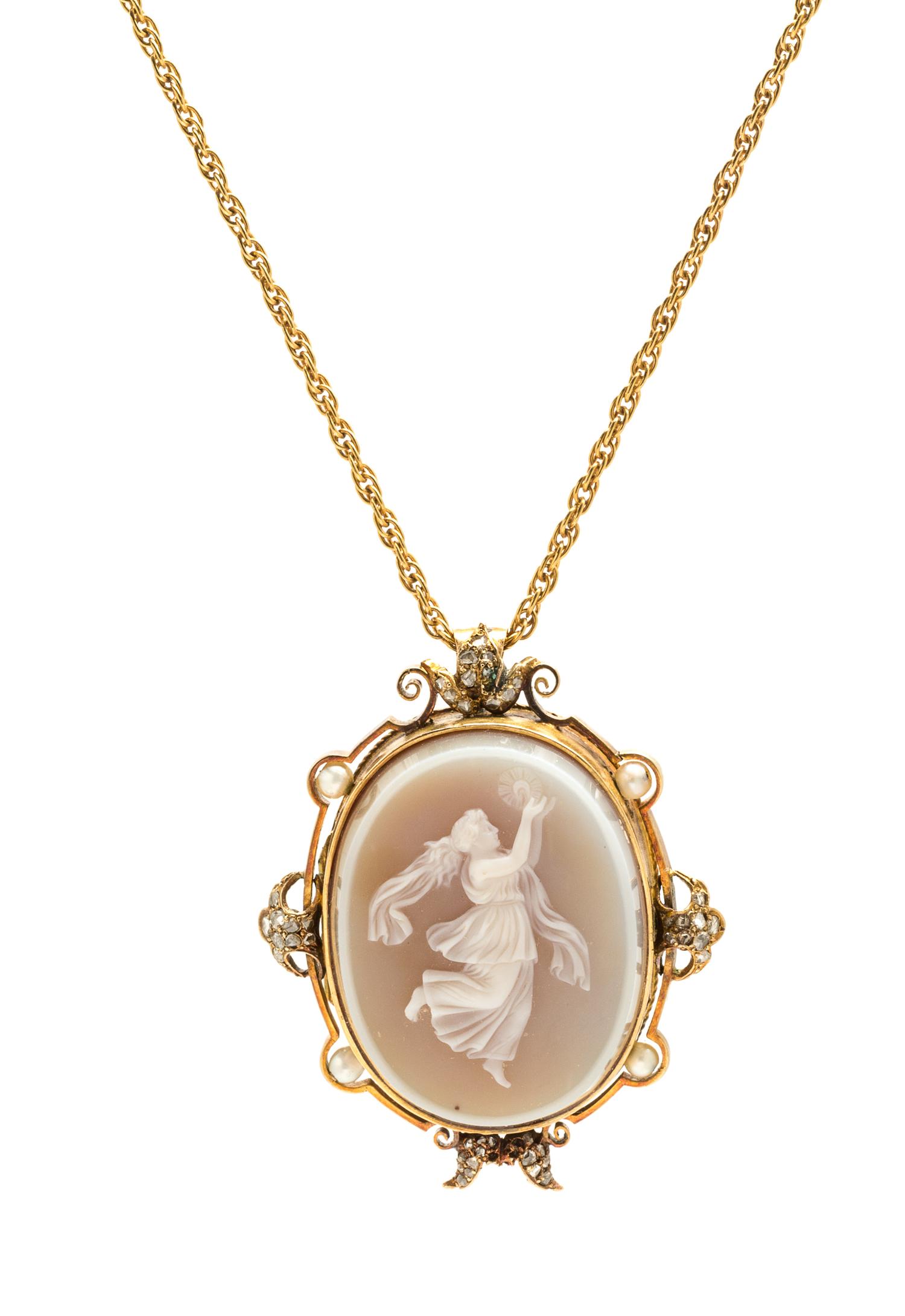 An Antique Yellow Gold, Agate Cameo, Seed Pearl and Diamond Memorial Locket Pendant, 12.90 dwts.