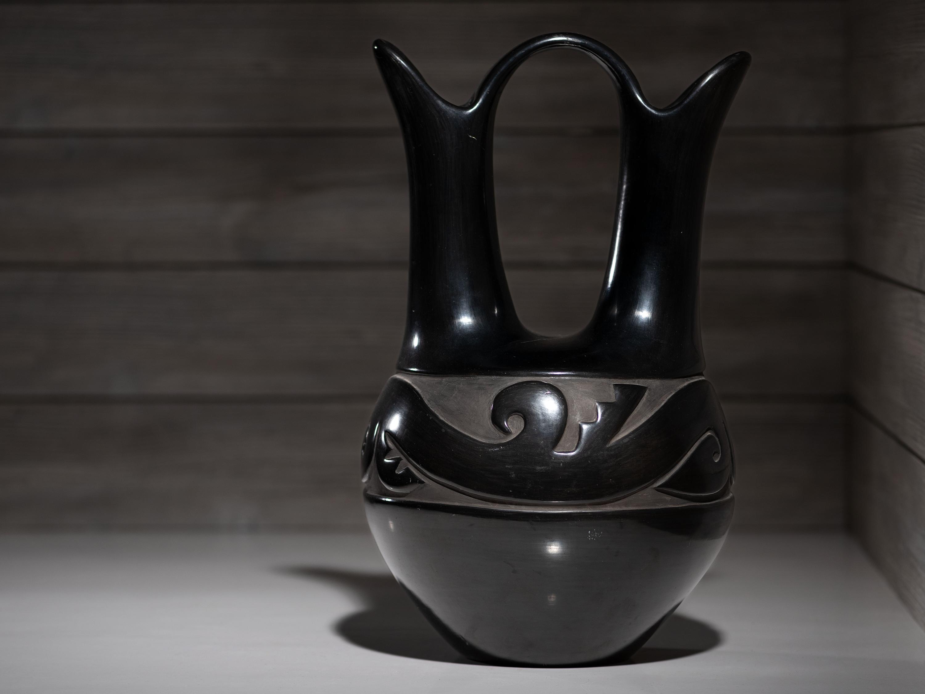 Carved Blackware Pottery Wedding Vase