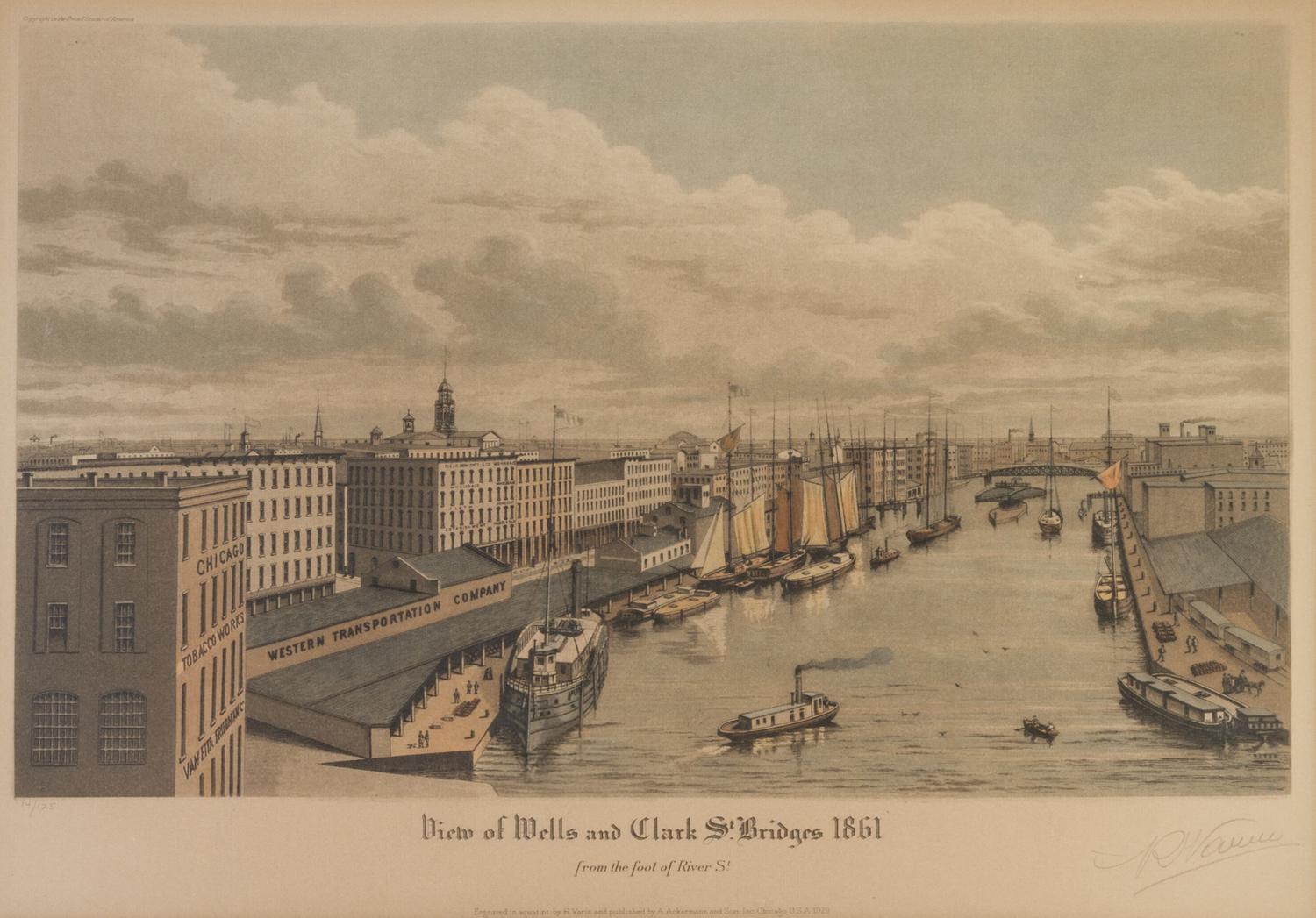 (CHICAGO) VARIN, RAOUL. A group of four original color aquatints, depicting various views of Chicago, various dates. Framed.