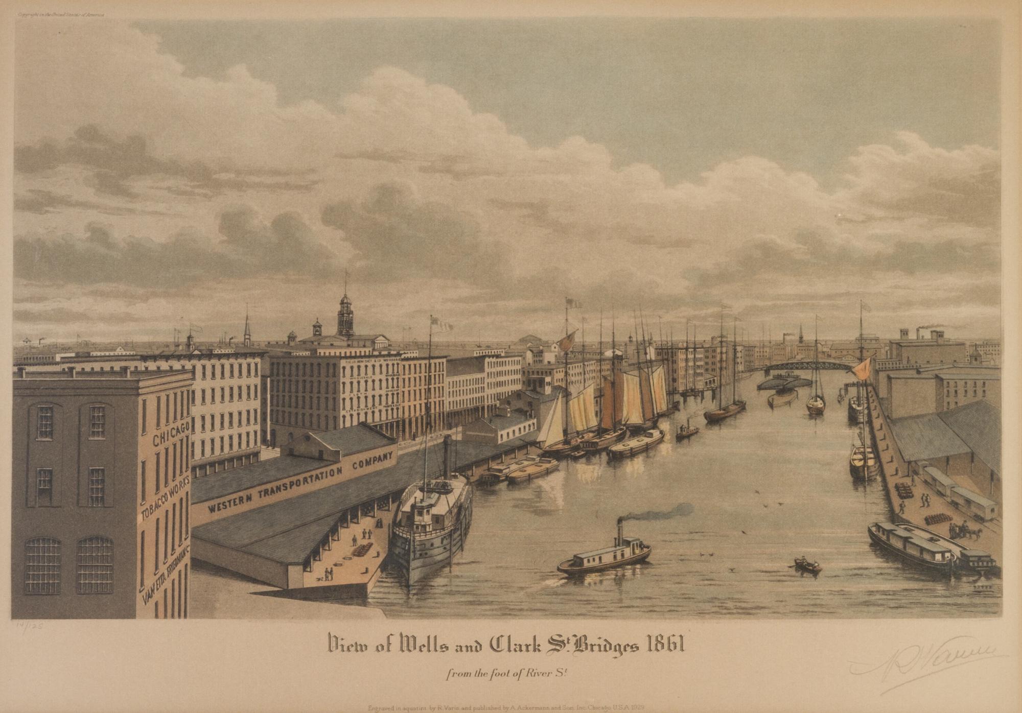 (CHICAGO) VARIN, RAOUL. A group of four original color aquatints, depicting various views of Chicago, various dates. Framed.