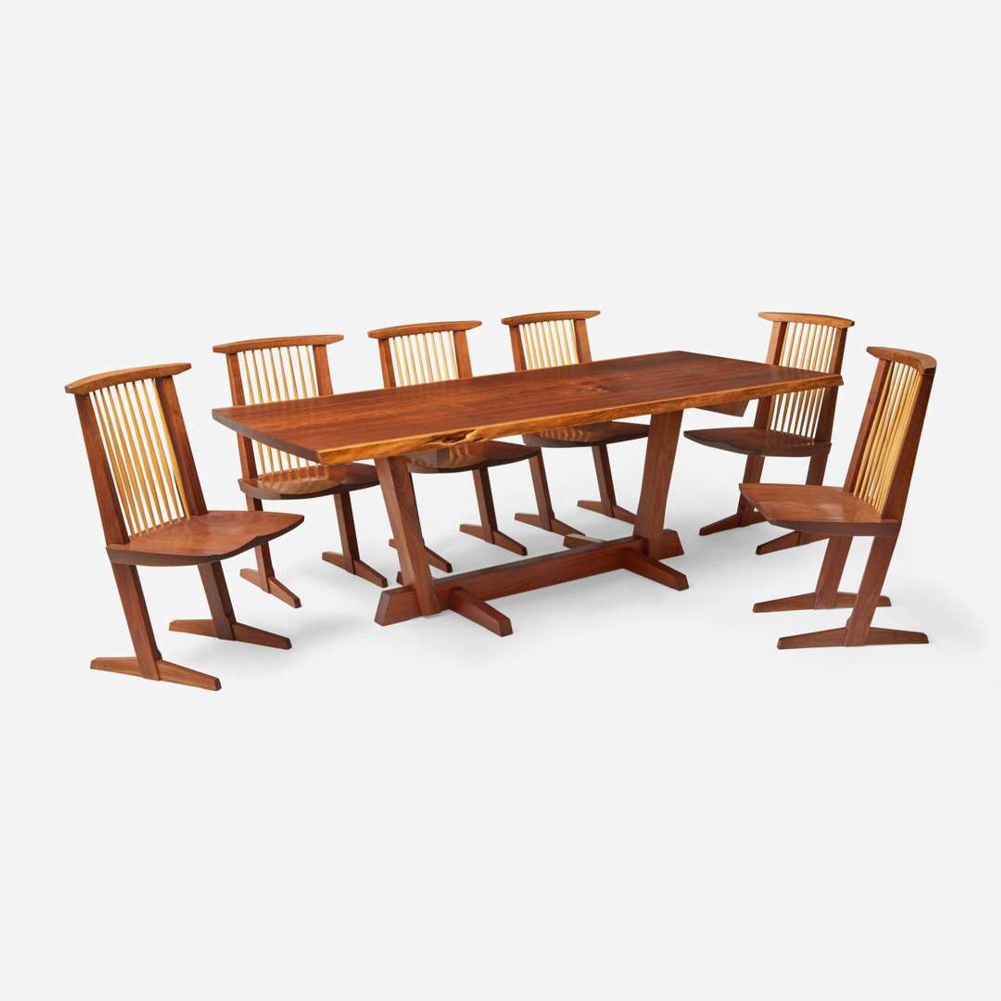 Mira Nakashima (American, b. 1942) Fine Single-Board "Conoid" Dining Table and Set of Six Single-Board "Conoid" Dining Chairs, George Nakashima Woodworker, New Hope, Pennsylvania, 2007