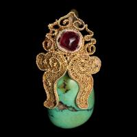 A Pair of Chinese Turquoise and Gold Filigree 'Eggplant' Earrings, Erhuan, Yuan Dynasty 元 金累絲鑲綠松石天茄式耳環一對