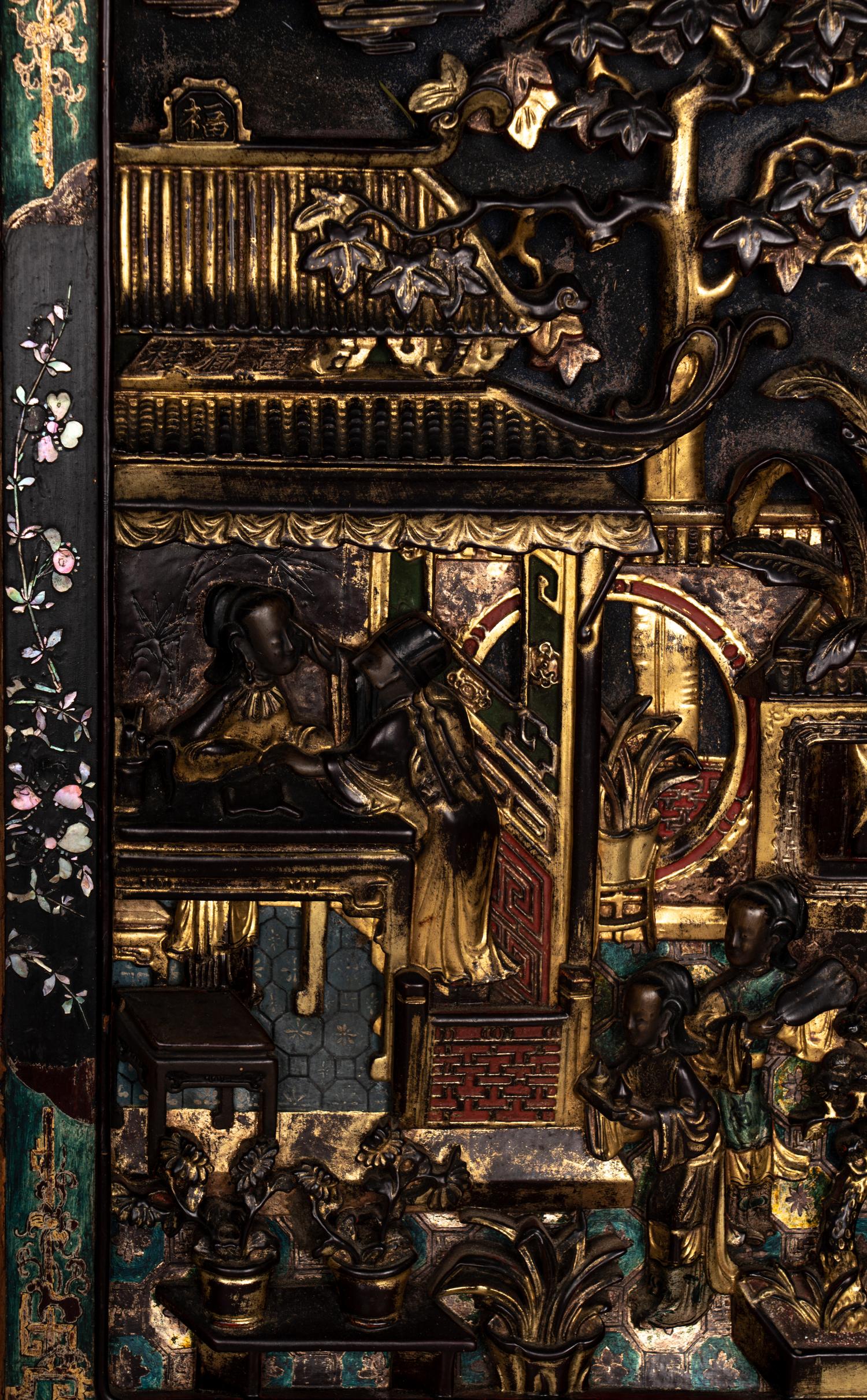 Five Chinese Gilt and Lacquered Carved Wood Panels