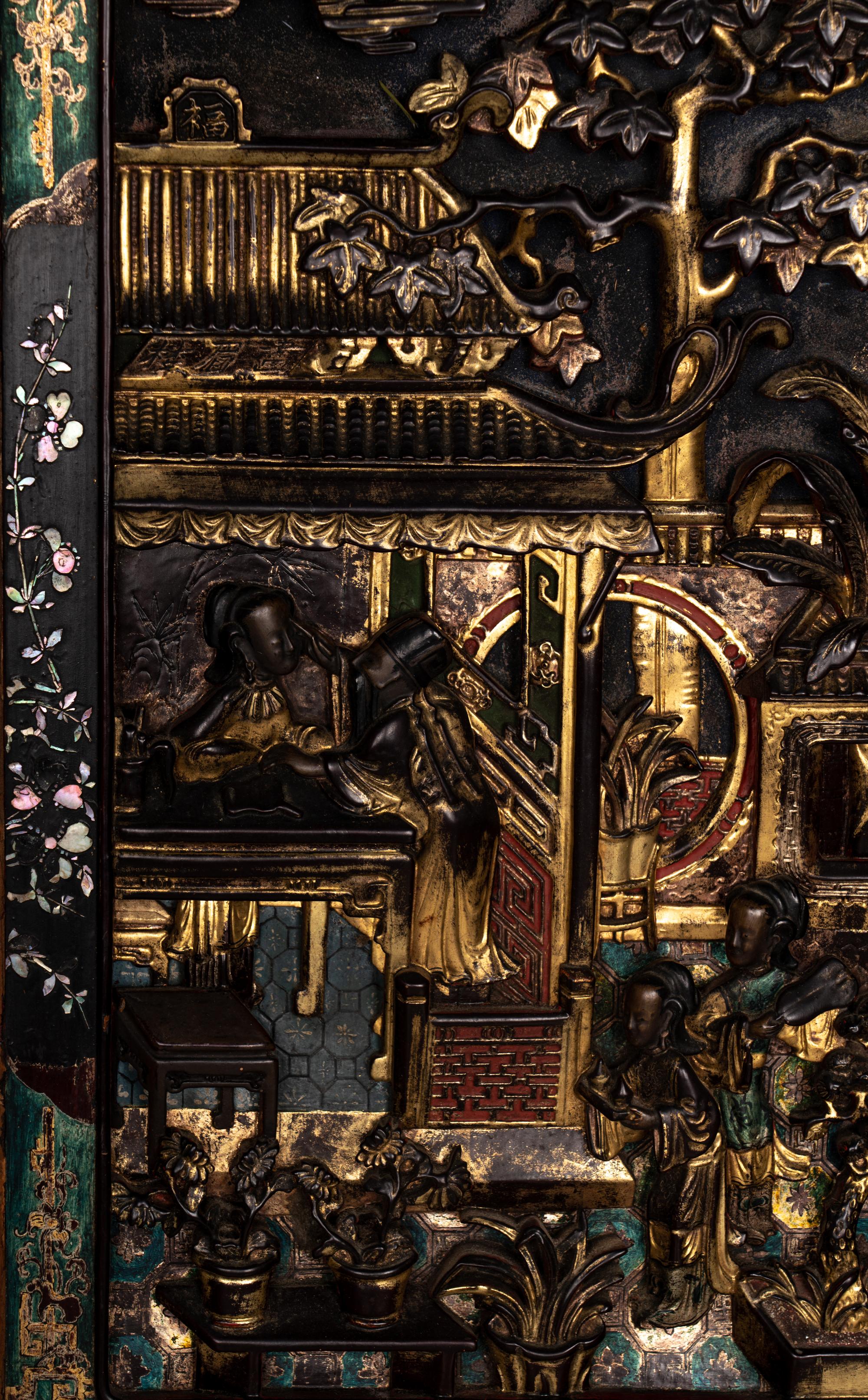Five Chinese Gilt and Lacquered Carved Wood Panels