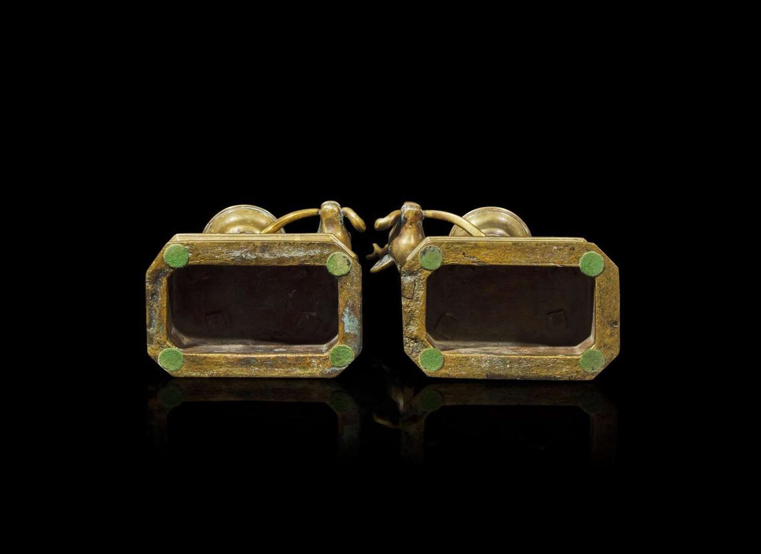 A pair of Chinese huangtong "Deer" lamps, Qing dynasty 鹿形燭臺一對 清