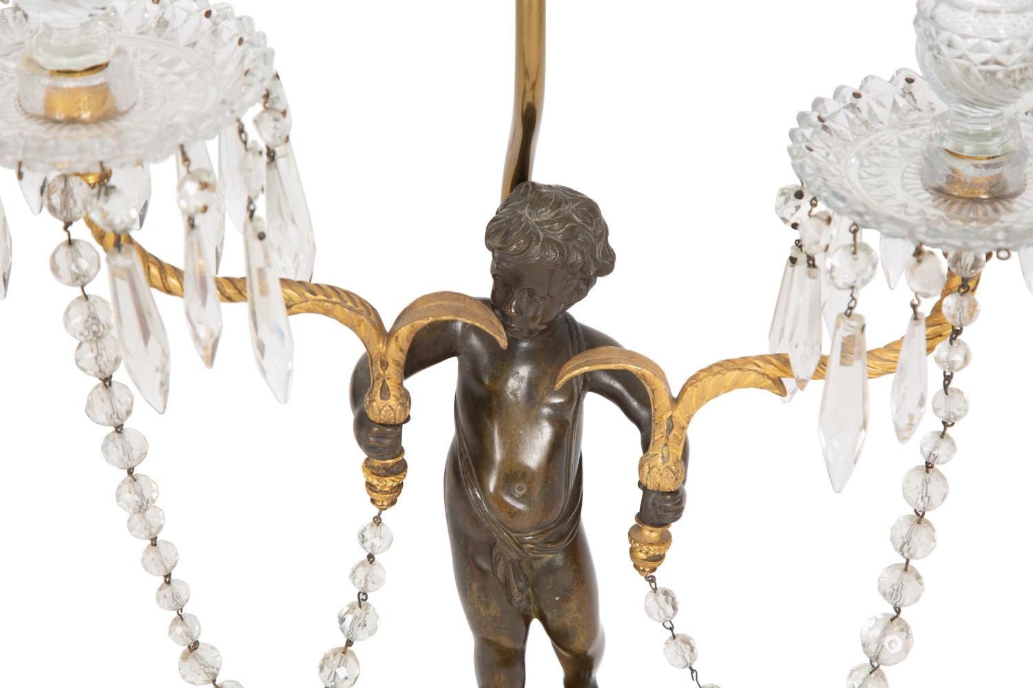 A Continental Bronze and Cut Glass Figural Candelabrum Mounted as a Lamp — 19TH CENTURY