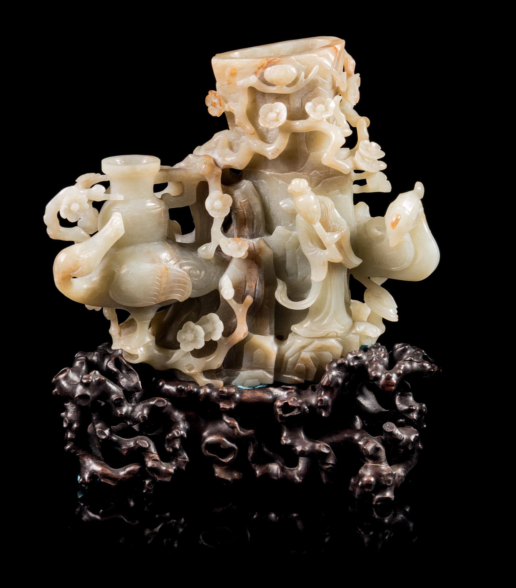 A Russet and Celadon Jade Double Vase Height 6 3/4 inches. — 19TH/20TH CENTURY