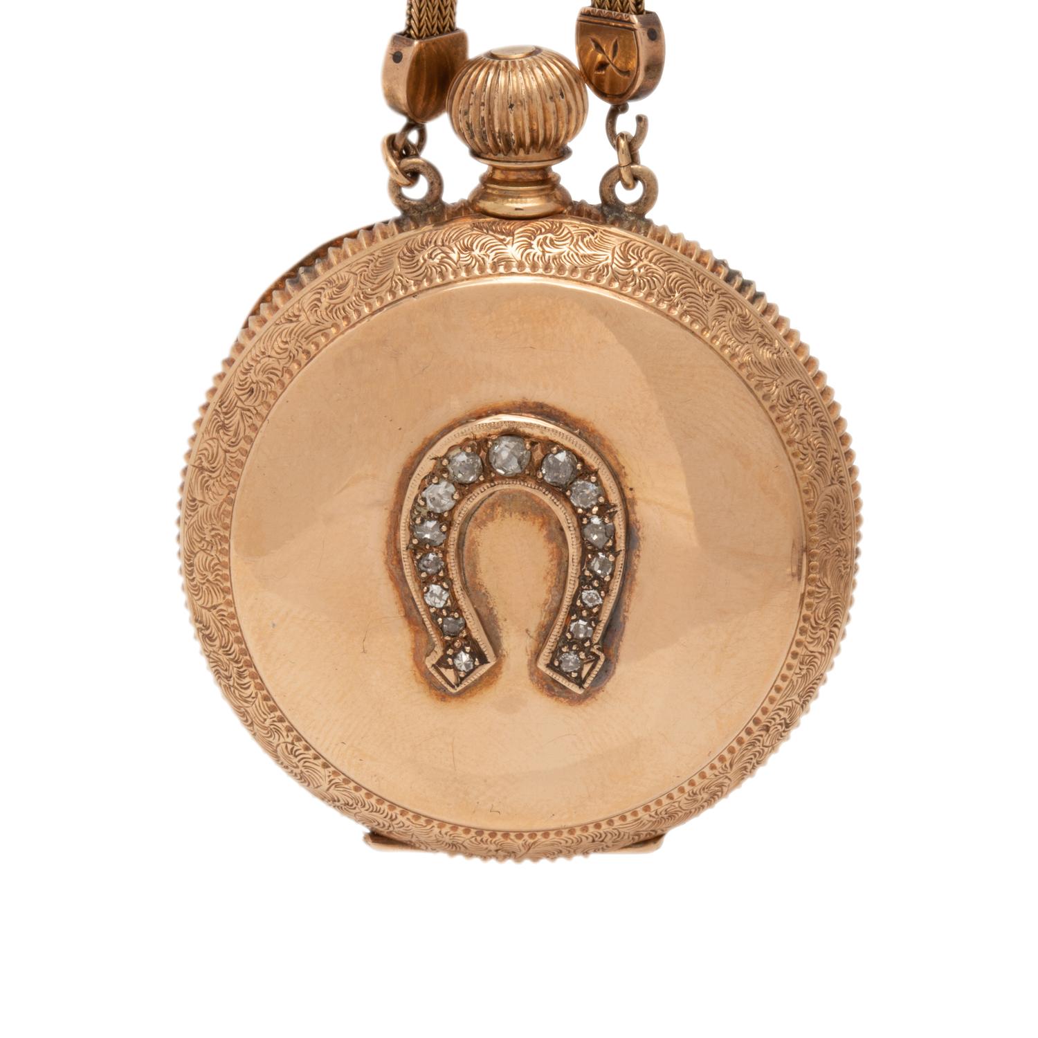ELGIN, 14K YELLOW GOLD AND DIAMOND HUNTER CASE POCKET WATCH AND LONGCHAIN