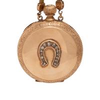ELGIN, 14K YELLOW GOLD AND DIAMOND HUNTER CASE POCKET WATCH AND LONGCHAIN