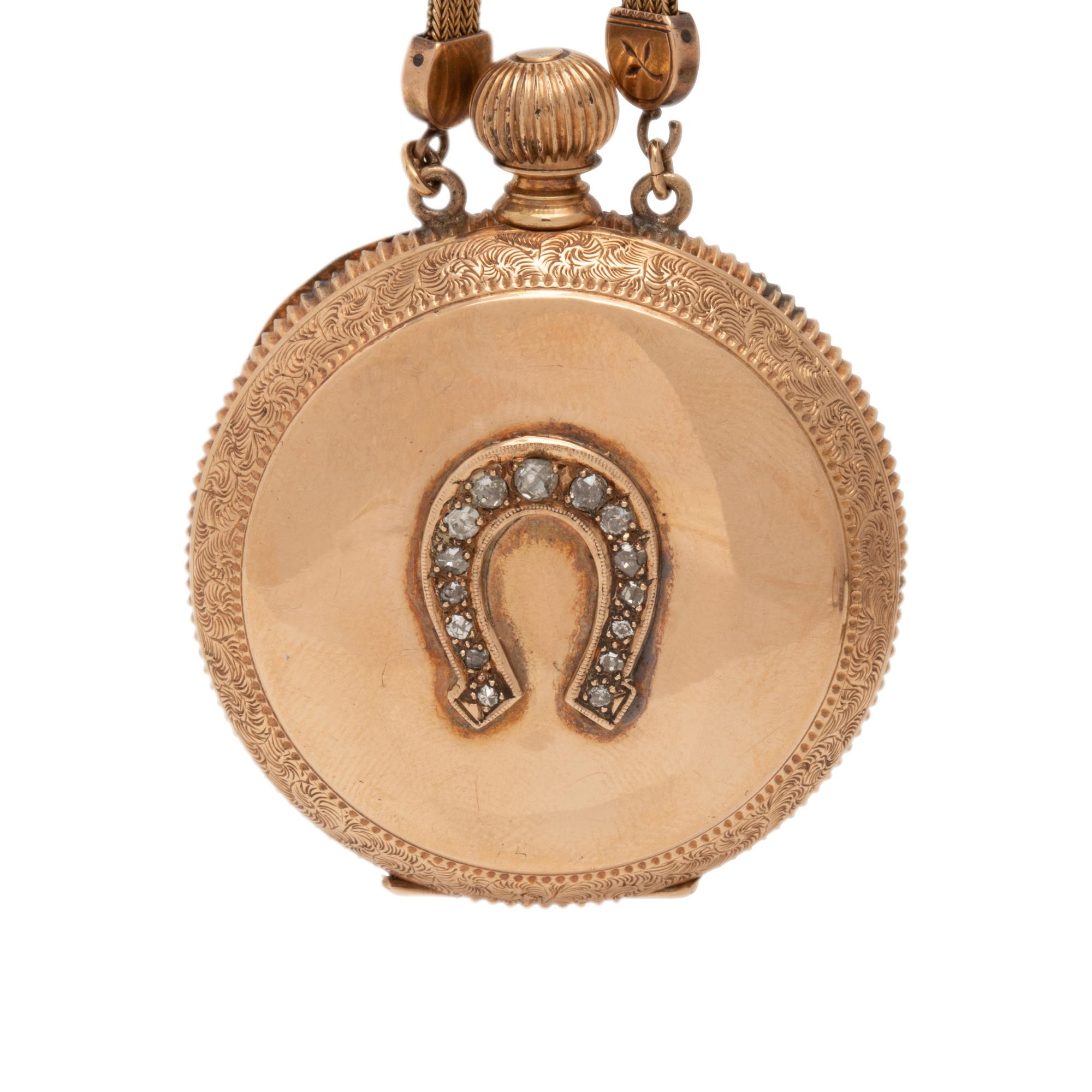 ELGIN, 14K YELLOW GOLD AND DIAMOND HUNTER CASE POCKET WATCH AND LONGCHAIN