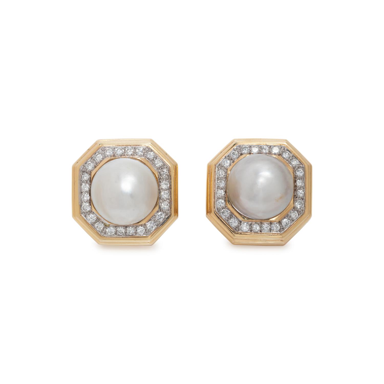 CULTURED MABE PEARL AND DIAMOND EARCLIPS