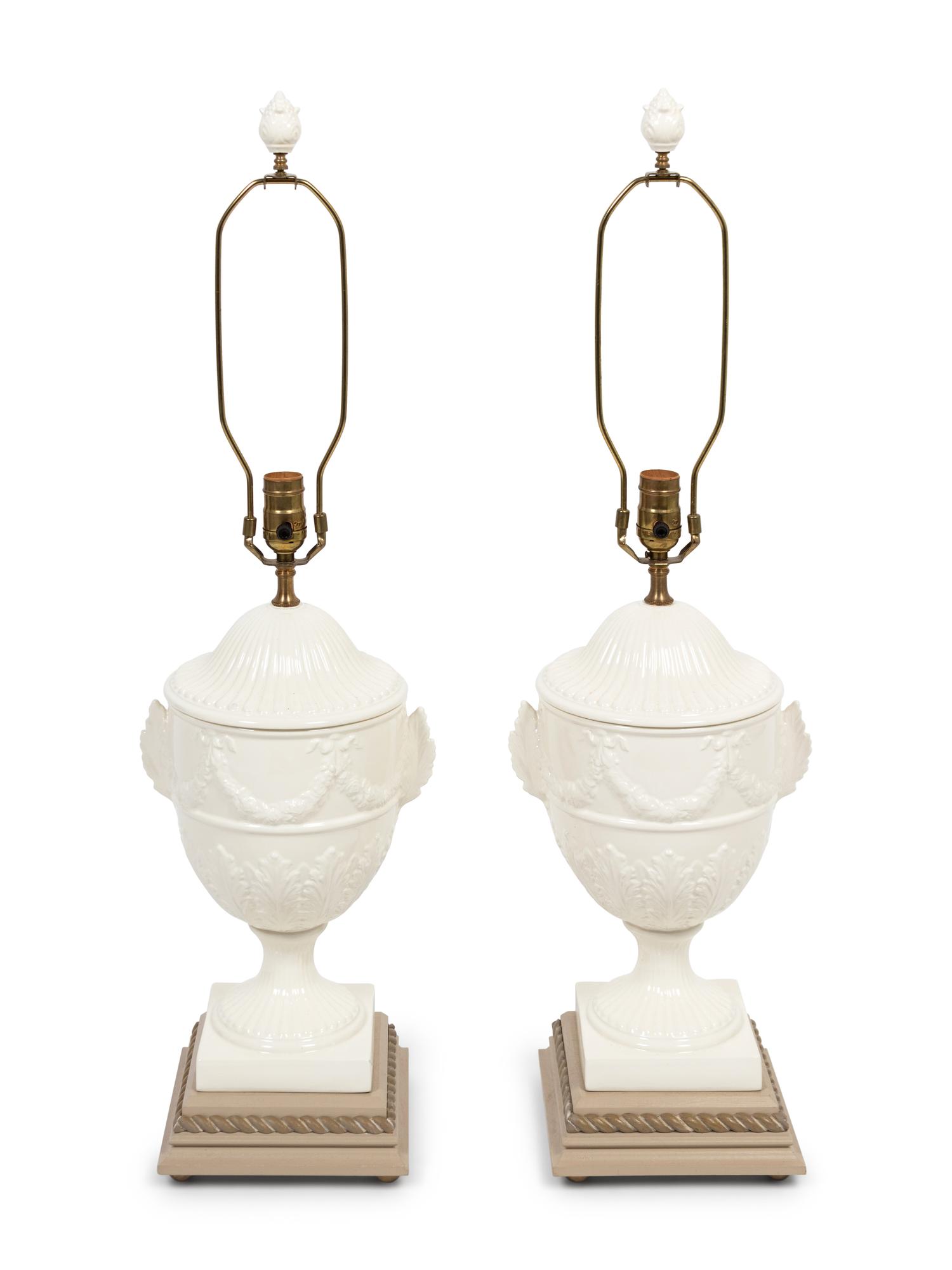 Three Regency Style White Glazed Stoneware Urns Mounted as Lamps